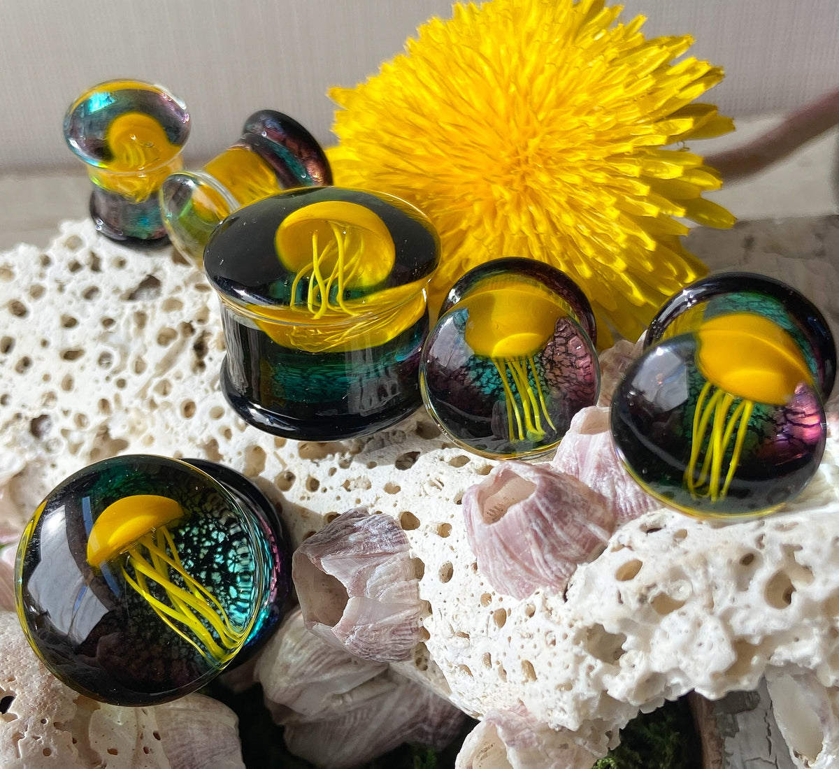PAIR of Beautiful Floating Yellow Jellyfish Pyrex Glass Double Flare Plugs -Gauges 0g (8mm) through 5/8" (16mm) available!