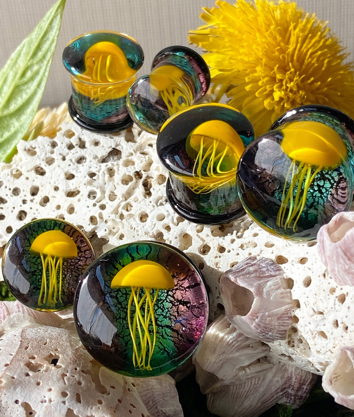 PAIR of Beautiful Floating Yellow Jellyfish Pyrex Glass Double Flare Plugs -Gauges 0g (8mm) through 5/8" (16mm) available!