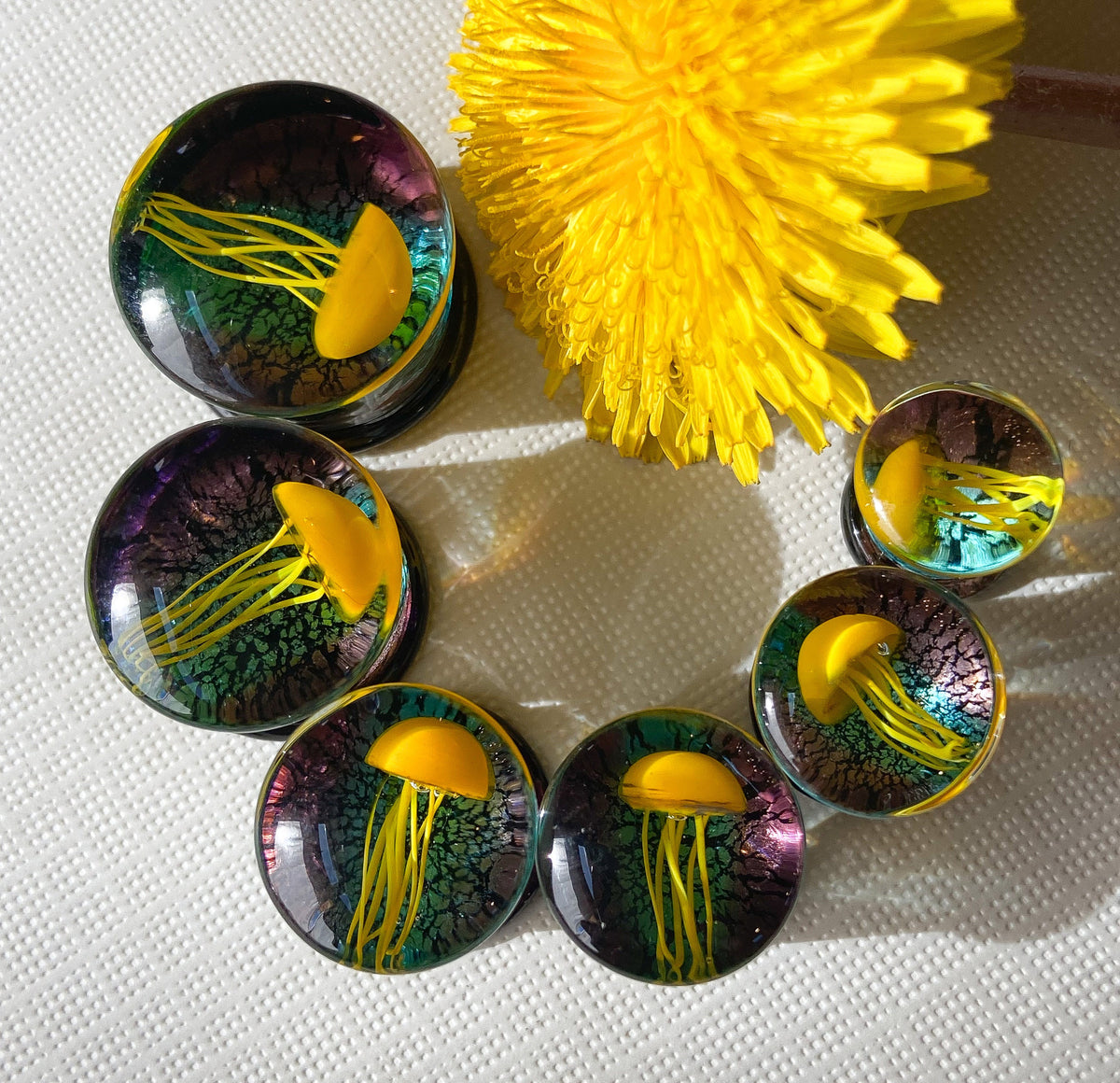 PAIR of Beautiful Floating Yellow Jellyfish Pyrex Glass Double Flare Plugs -Gauges 0g (8mm) through 5/8" (16mm) available!