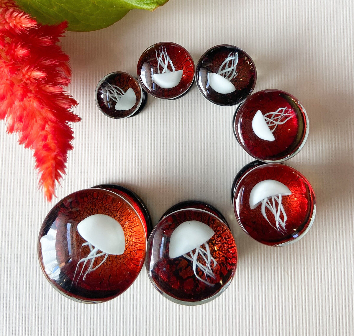 PAIR of White Jellyfish Red Background Pyrex Glass Double Flare Plugs -Gauges 0g (8mm) through 3/4" (19mm) available!