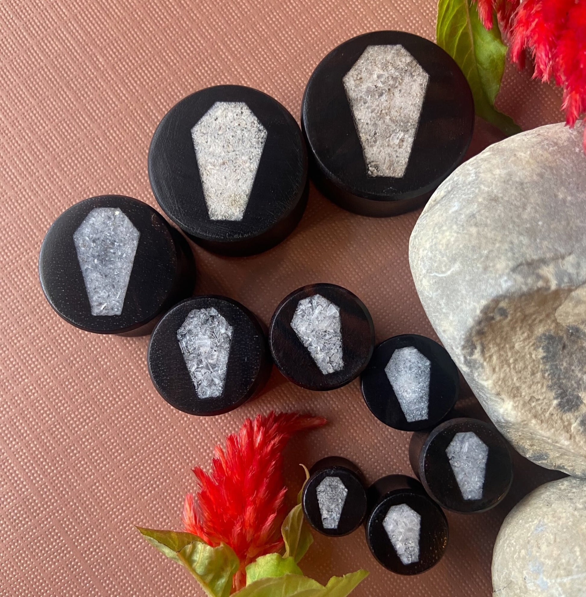 PAIR of Unique Crystal Quartz Coffin Inlay Black Wood Saddle Plugs/Tunnels - Gauges 0g (8mm) thru 1" (25mm) available!