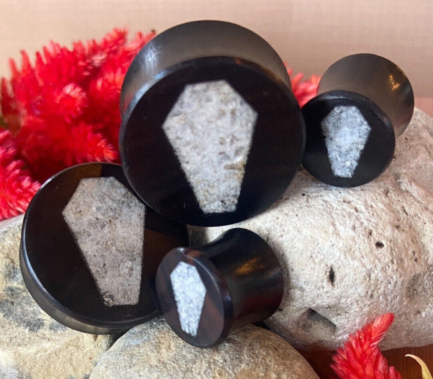 PAIR of Unique Crystal Quartz Coffin Inlay Black Wood Saddle Plugs/Tunnels - Gauges 0g (8mm) thru 1" (25mm) available!