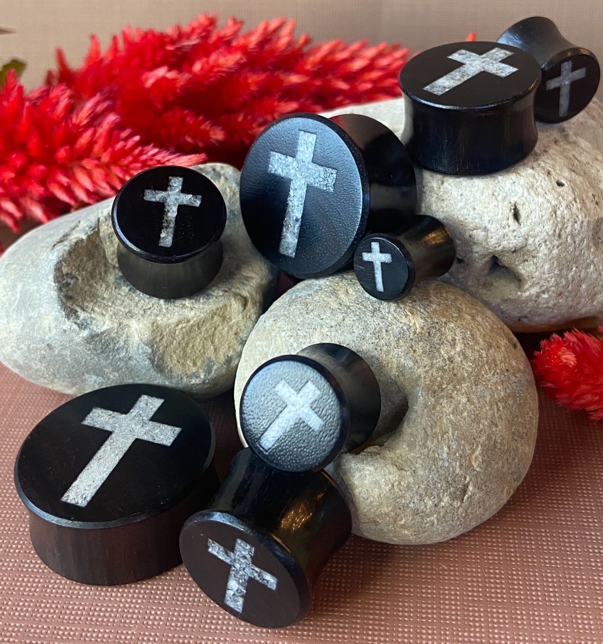 PAIR of Beautiful Crystal Quartz Cross Inlay Black Wood Saddle Plugs/Tunnels - Gauges 0g (8mm) thru 1" (25mm) available!