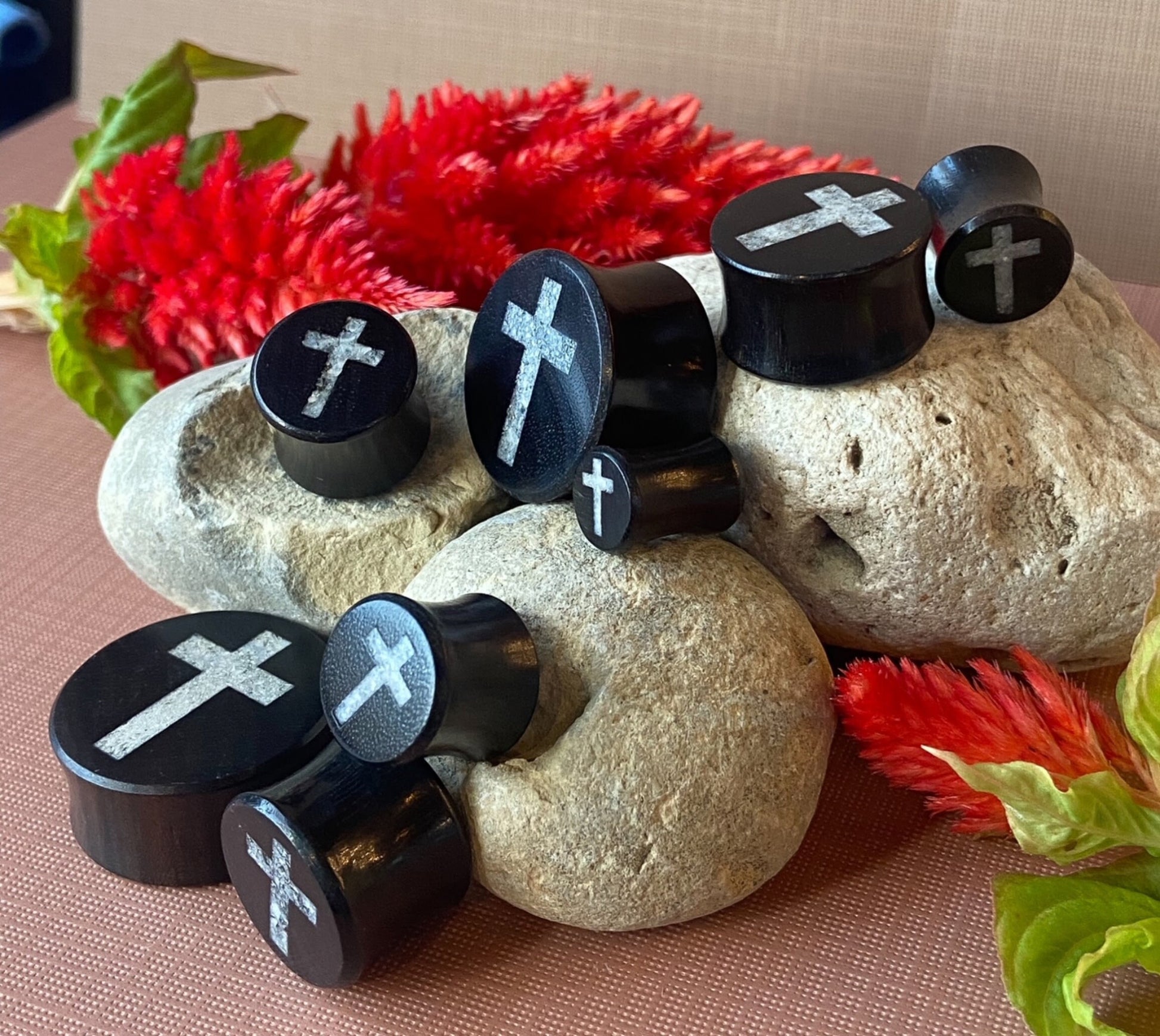 PAIR of Beautiful Crystal Quartz Cross Inlay Black Wood Saddle Plugs/Tunnels - Gauges 0g (8mm) thru 1" (25mm) available!