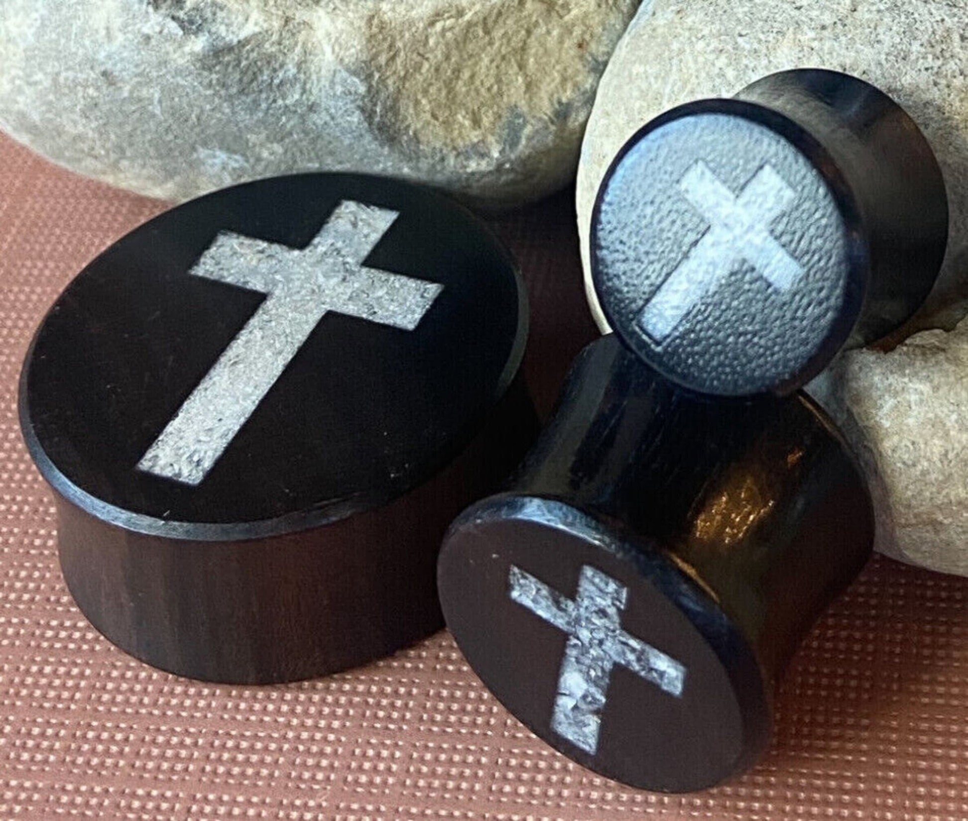 PAIR of Beautiful Crystal Quartz Cross Inlay Black Wood Saddle Plugs/Tunnels - Gauges 0g (8mm) thru 1" (25mm) available!
