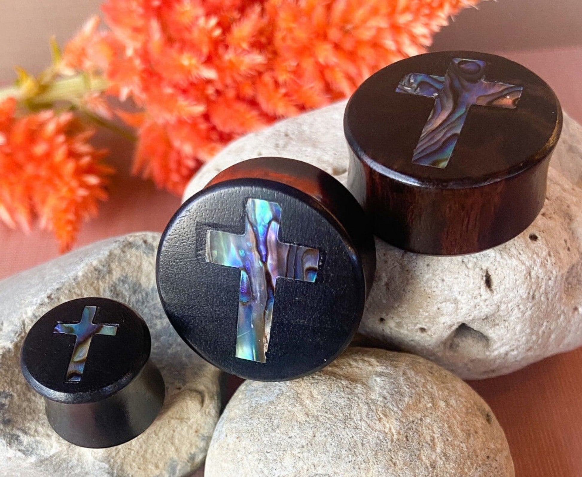 PAIR of Stunning Abalone Shell Cross Inlay Black Wood Saddle Plugs/Tunnels - Gauges 0g (8mm) thru 1" (25mm) available!