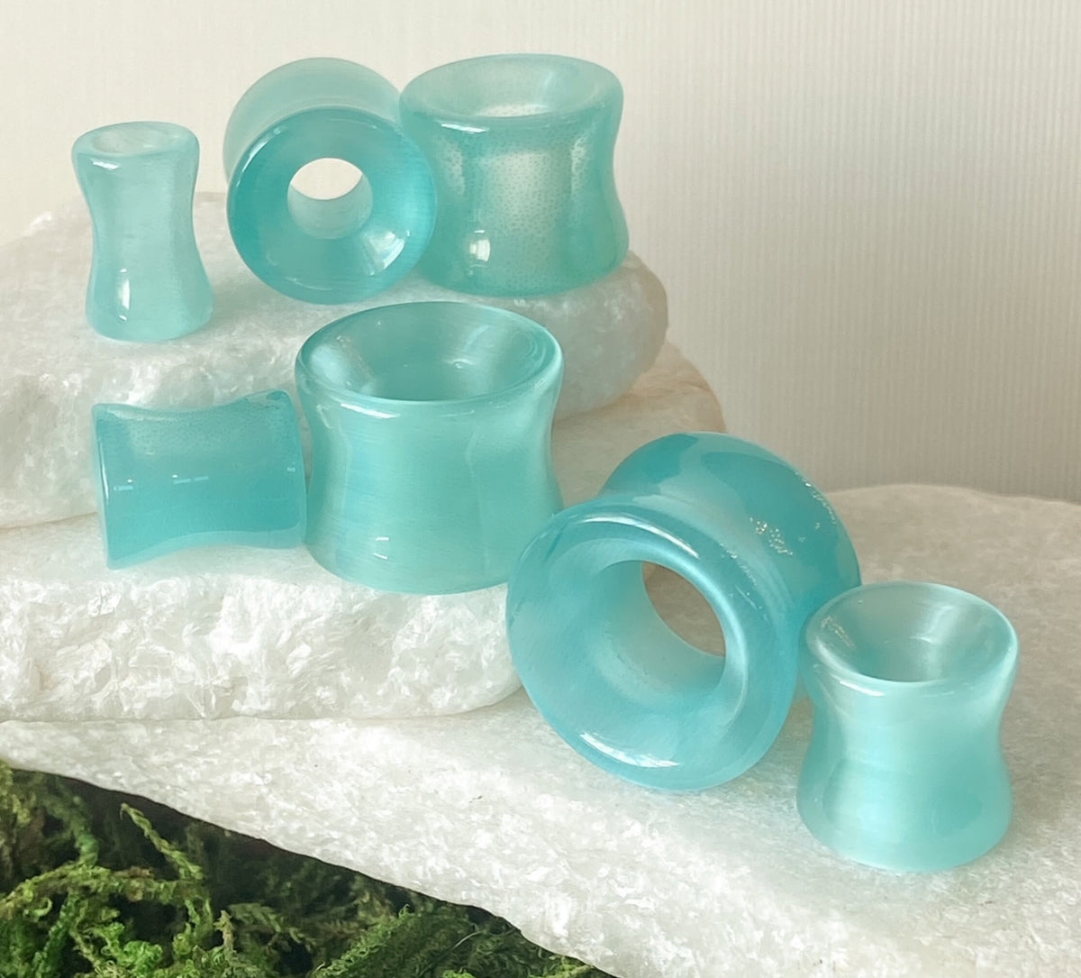 PAIR of Unique Teal Cat Eye Double Flare Stone Tunnels /Plugs - Gauges 2g (6mm) up to 5/8" (16mm) available!