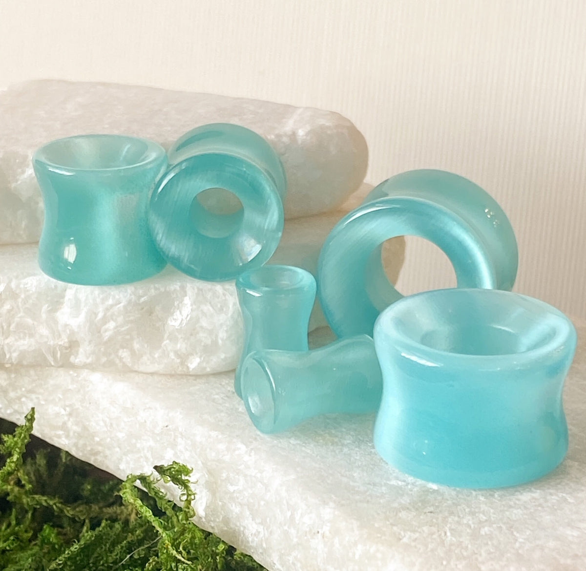 PAIR of Unique Teal Cat Eye Double Flare Stone Tunnels /Plugs - Gauges 2g (6mm) up to 5/8" (16mm) available!
