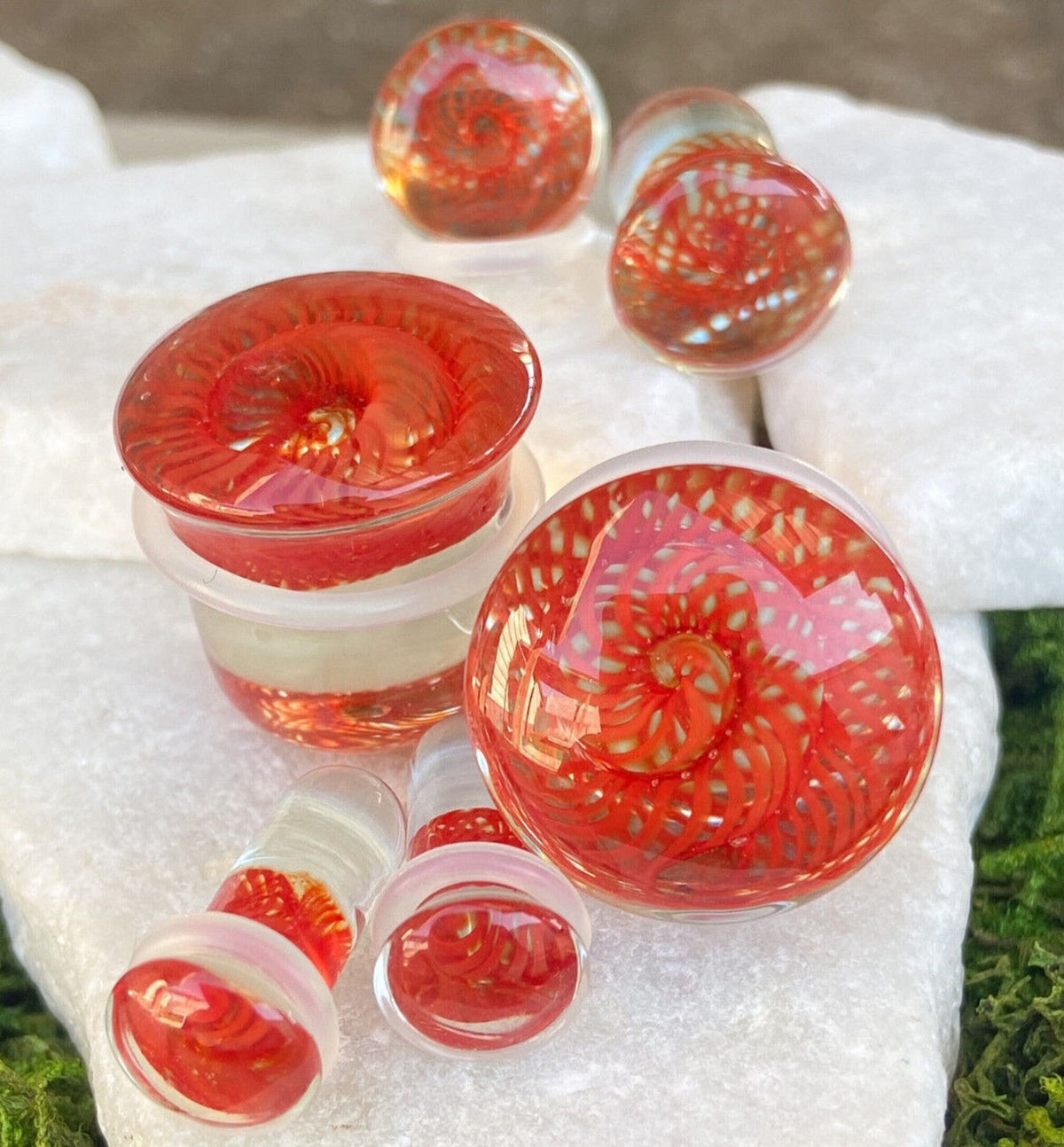 PAIR of Stunning Red Spiral Weave Design Pyrex Glass Single Flare Plugs with O-Rings - Gauges 2g (6mm) through 5/8" (16mm) available!