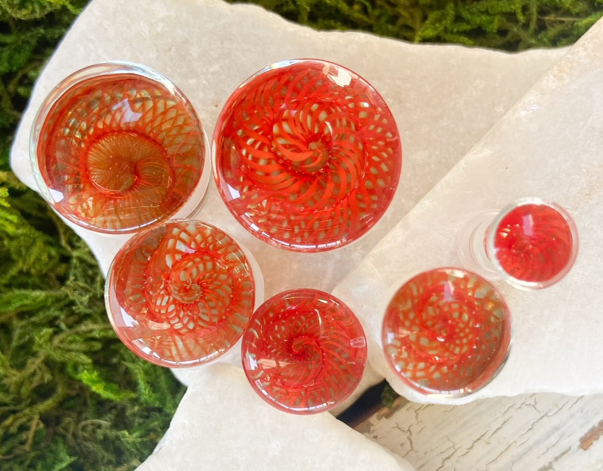 PAIR of Stunning Red Spiral Weave Design Pyrex Glass Single Flare Plugs with O-Rings - Gauges 2g (6mm) through 5/8" (16mm) available!