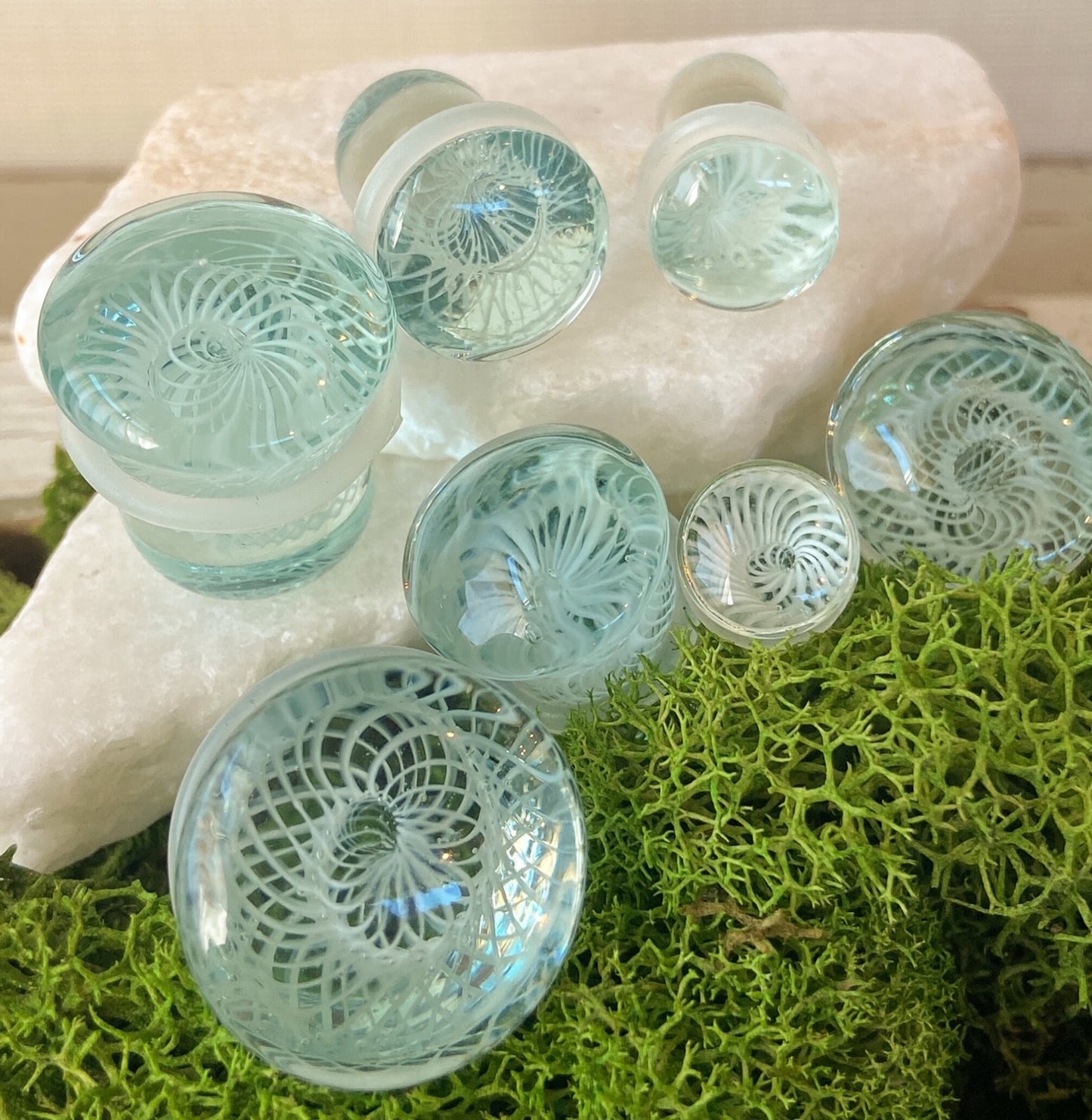 PAIR of Beautiful White Spiral Weave Design Pyrex Glass Single Flare Plugs with O-Rings - Gauges 2g (6mm) through 5/8" (16mm) available!