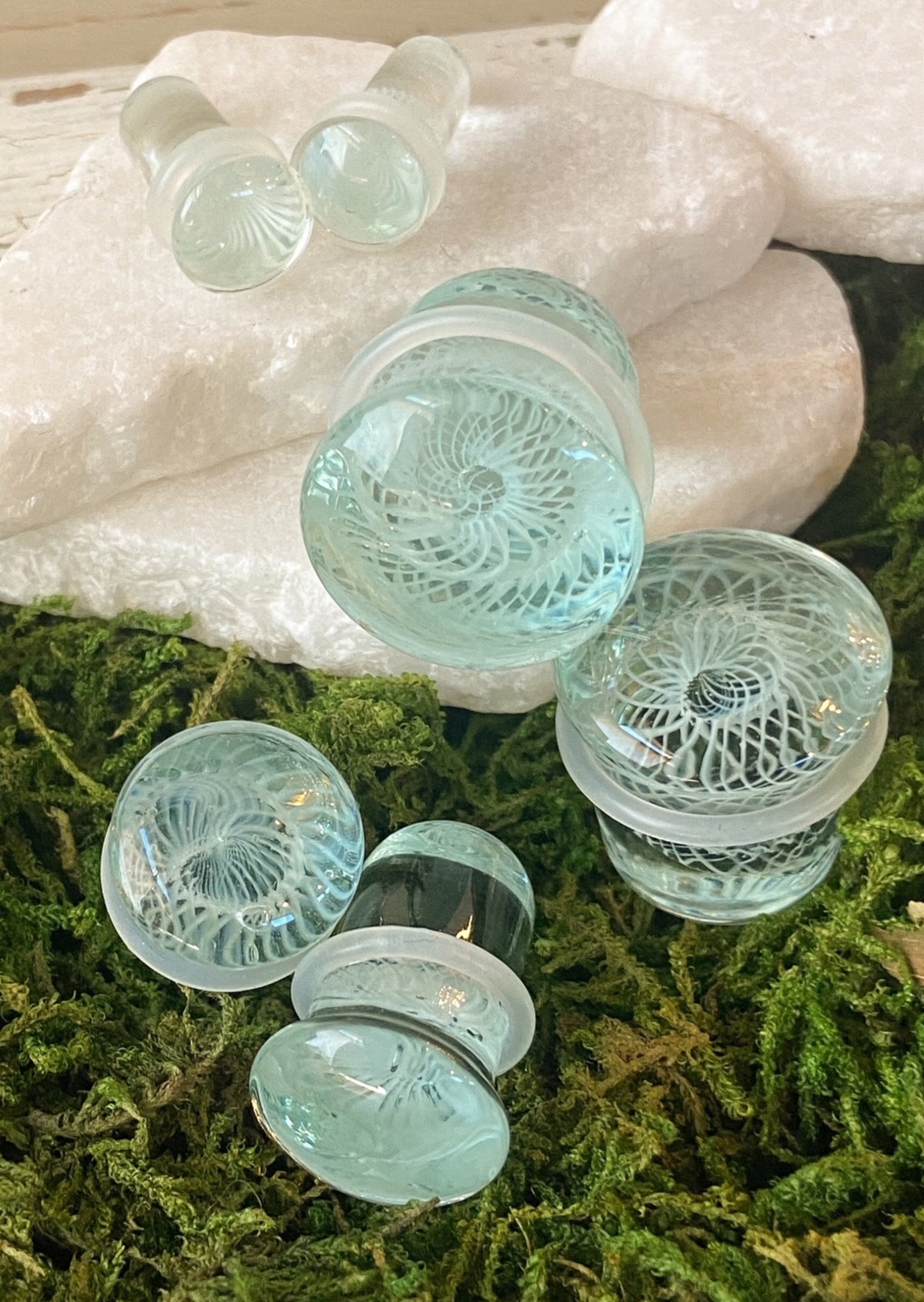 PAIR of Beautiful White Spiral Weave Design Pyrex Glass Single Flare Plugs with O-Rings - Gauges 2g (6mm) through 5/8" (16mm) available!
