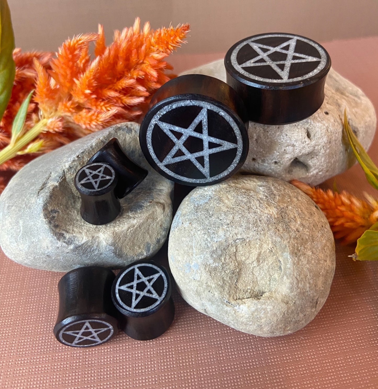 PAIR of Stunning Crystal Quartz Pentagram Inlay Black Wood Saddle Plugs/Tunnels - Gauges 0g (8mm) thru 1" (25mm) available!