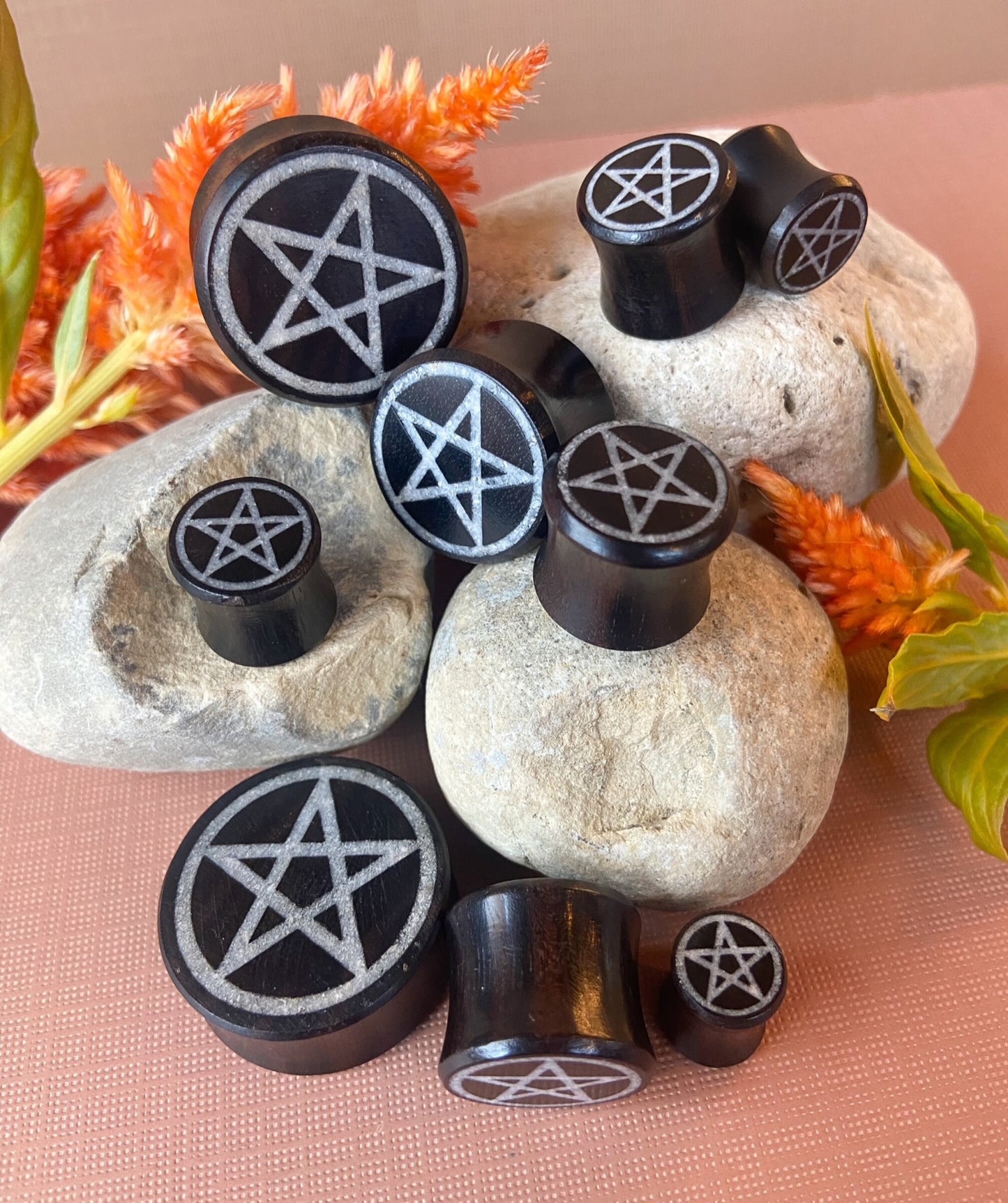 PAIR of Stunning Crystal Quartz Pentagram Inlay Black Wood Saddle Plugs/Tunnels - Gauges 0g (8mm) thru 1" (25mm) available!