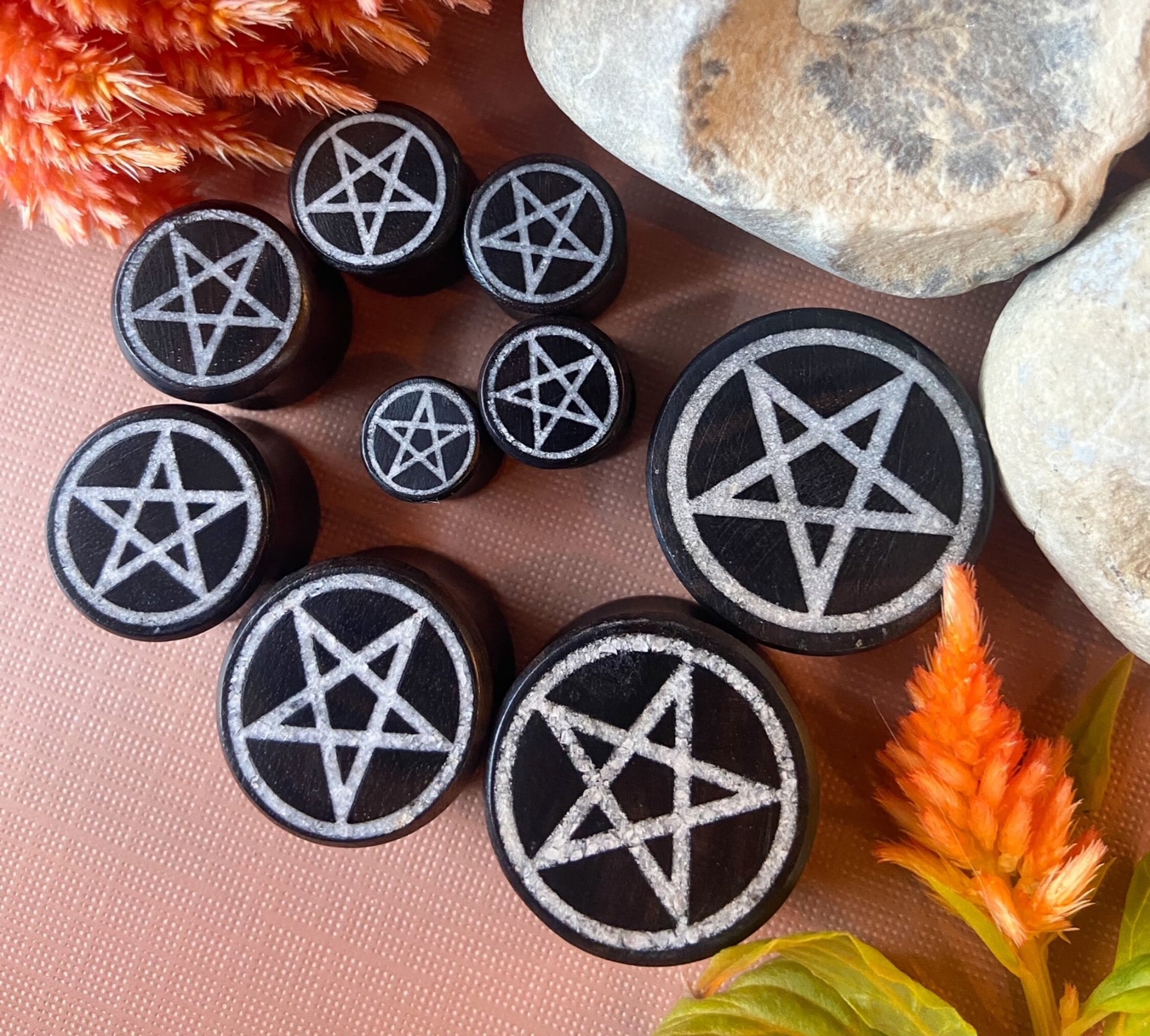 PAIR of Stunning Crystal Quartz Pentagram Inlay Black Wood Saddle Plugs/Tunnels - Gauges 0g (8mm) thru 1" (25mm) available!