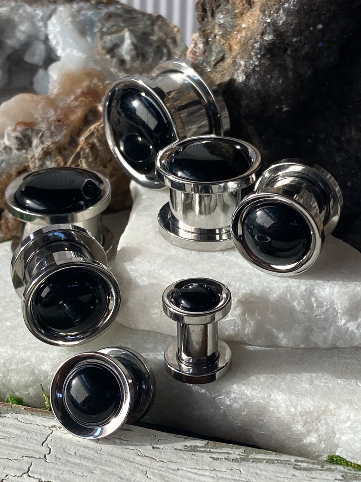 PAIR of Stunning Onyx Stone Dome Steel Screw Fit Tunnels/Plugs - Gauges 2g (6mm) thru 5/8" (16mm) available!