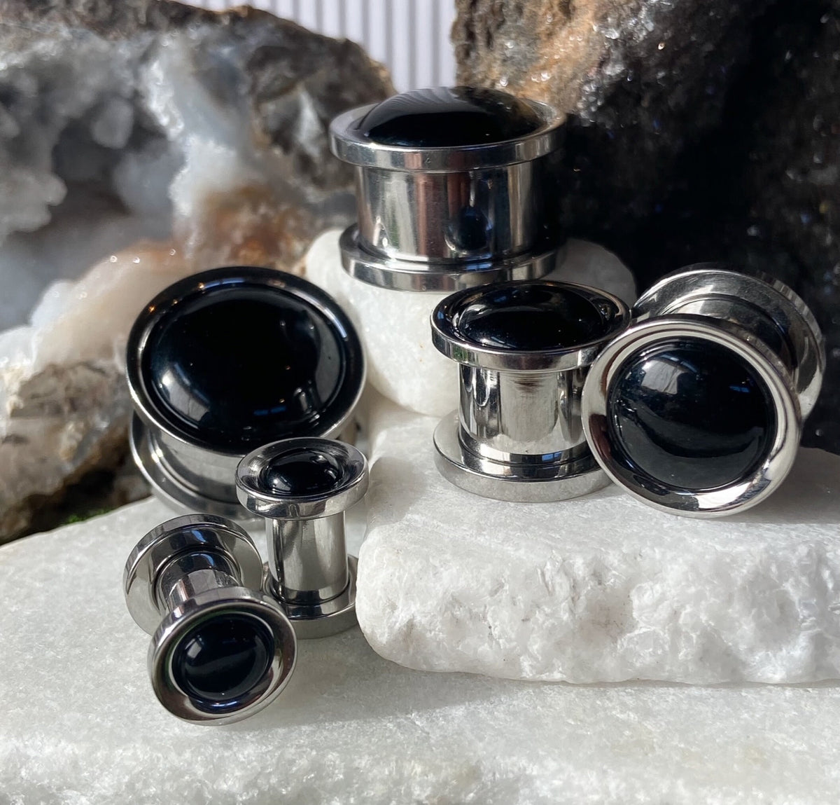 PAIR of Stunning Onyx Stone Dome Steel Screw Fit Tunnels/Plugs - Gauges 2g (6mm) thru 5/8" (16mm) available!