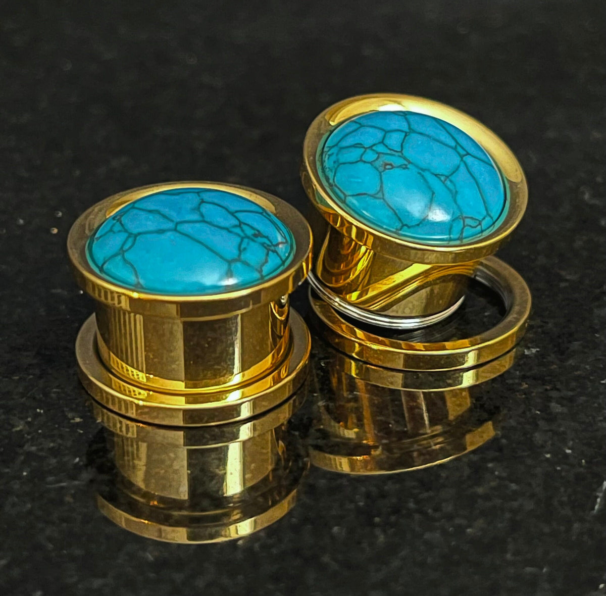 PAIR of Stunning Turquoise Stone Dome Gold Steel Screw Fit Tunnels/Plugs - Gauges 2g (6mm) thru 5/8" (16mm) available!