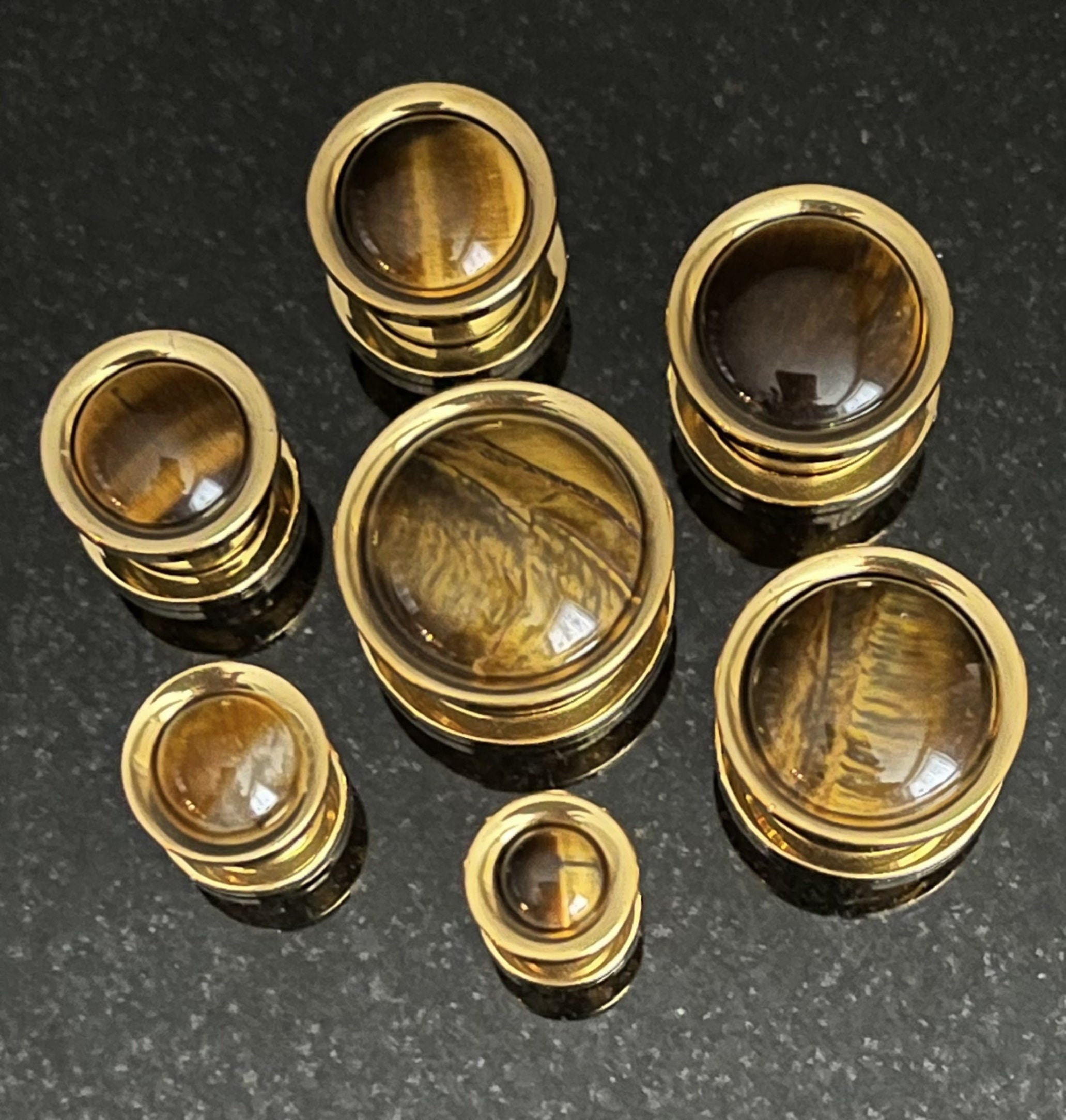 PAIR of Beautiful Tiger Eye Stone Dome Gold Steel Screw Fit Tunnels/Plugs -  Gauges 2g (6mm) thru 5/8
