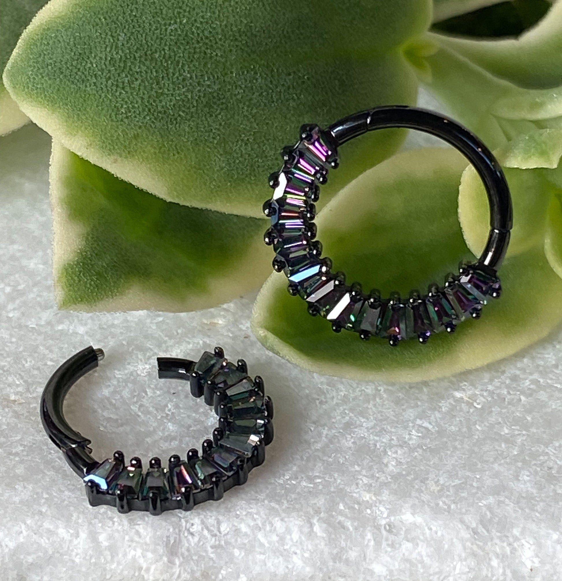1 Piece Unique Solid Titanium Baguette CZ Gems Hinged Segment Ring - 16g- 8mm or 10mm, Black, Gold, & Silver with Different Gems Available!