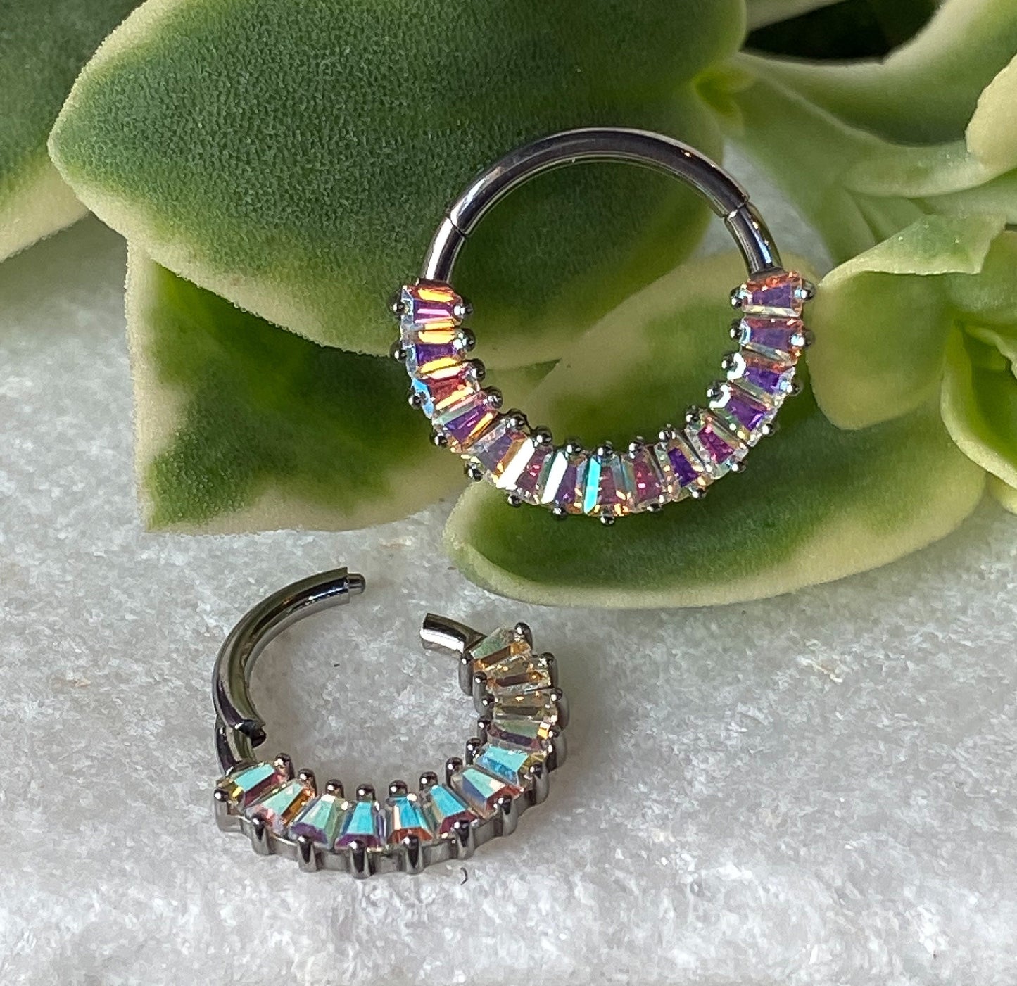 1 Piece Unique Solid Titanium Baguette CZ Gems Hinged Segment Ring - 16g- 8mm or 10mm, Black, Gold, & Silver with Different Gems Available!