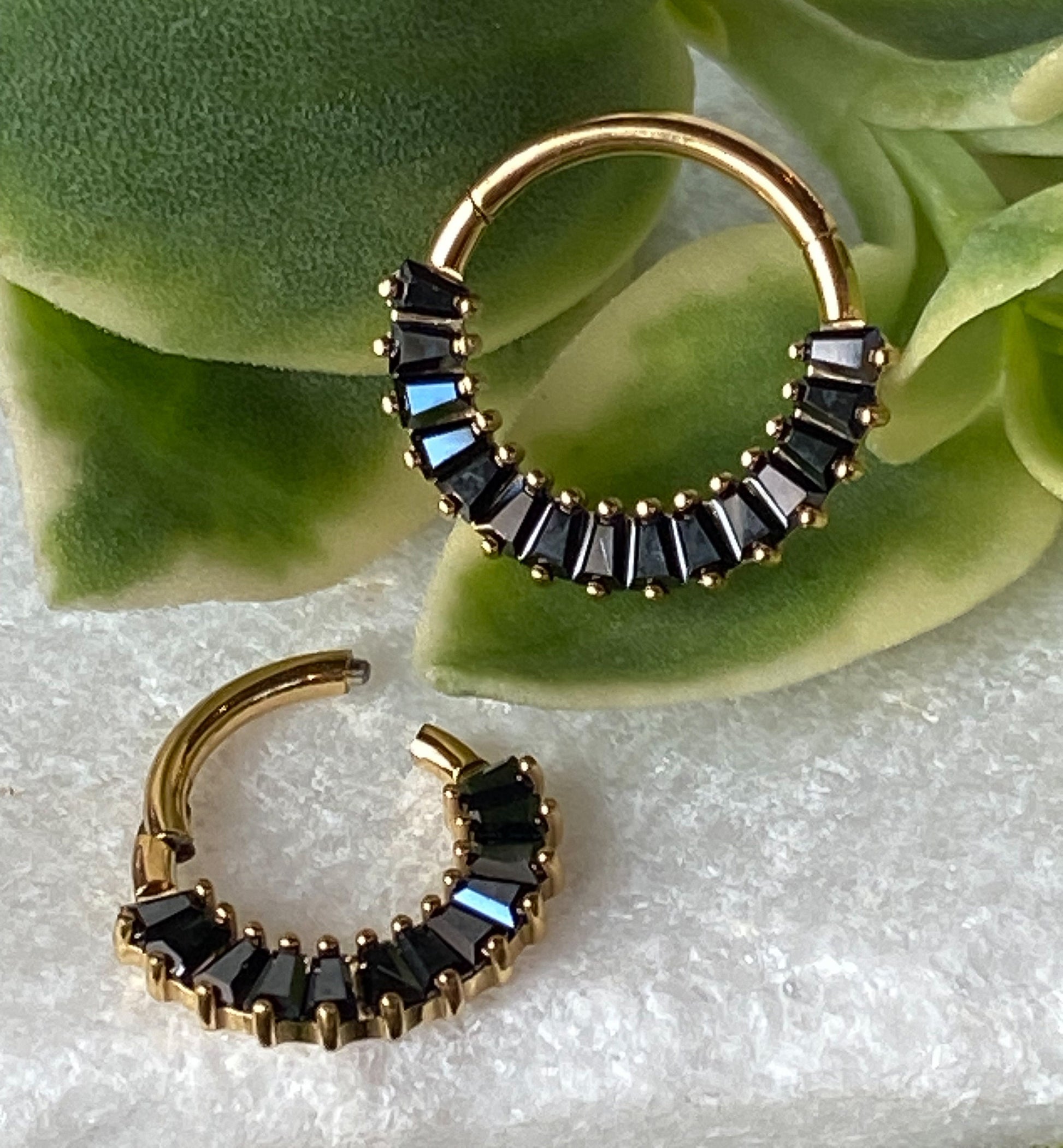 1 Piece Unique Solid Titanium Baguette CZ Gems Hinged Segment Ring - 16g- 8mm or 10mm, Black, Gold, & Silver with Different Gems Available!