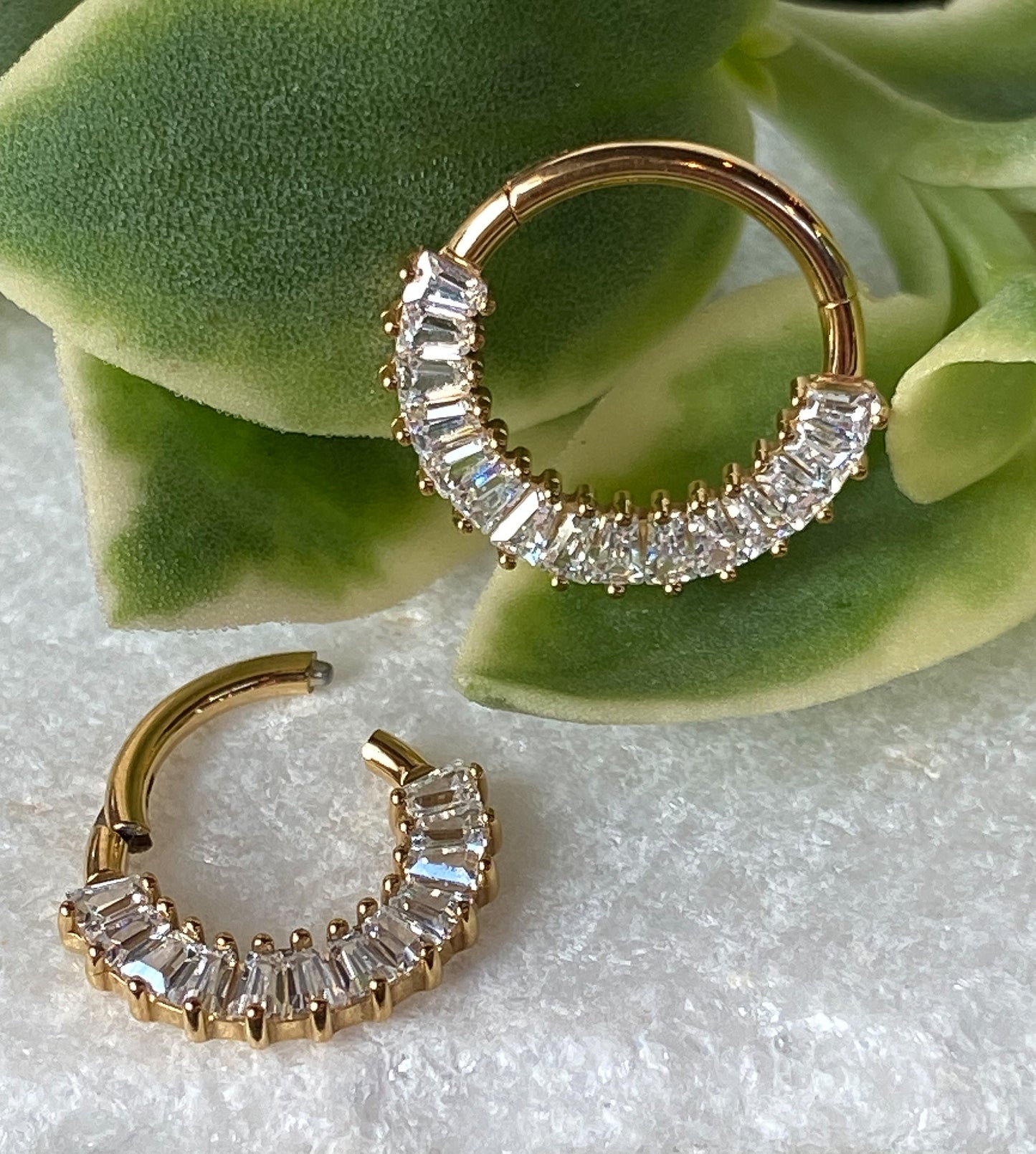 1 Piece Unique Solid Titanium Baguette CZ Gems Hinged Segment Ring - 16g- 8mm or 10mm, Black, Gold, & Silver with Different Gems Available!