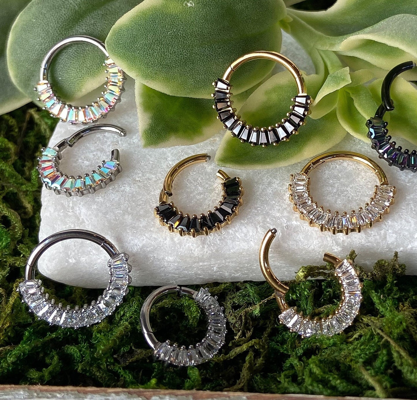 1 Piece Unique Solid Titanium Baguette CZ Gems Hinged Segment Ring - 16g- 8mm or 10mm, Black, Gold, & Silver with Different Gems Available!