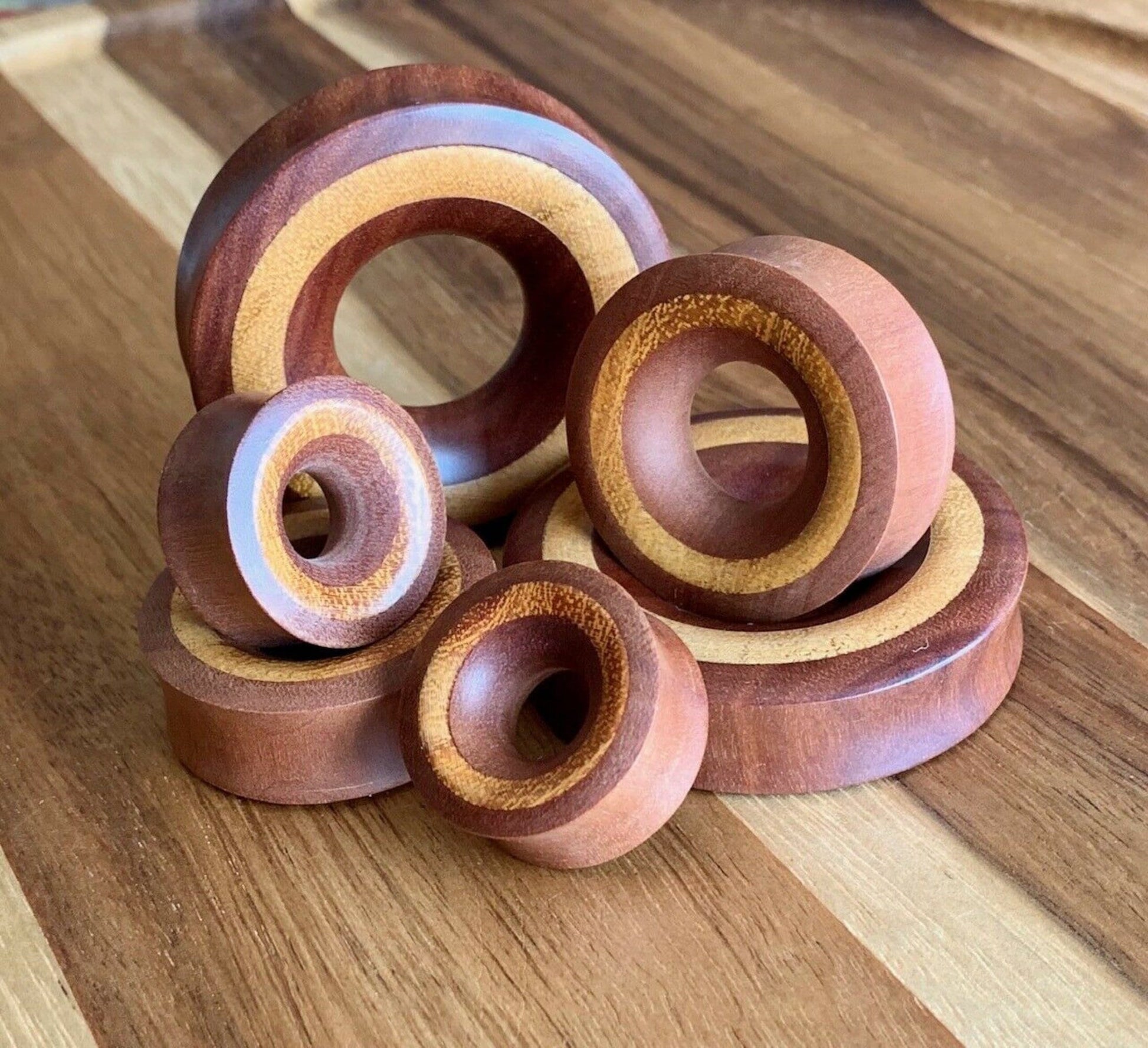 PAIR of Unique Concave Sawo Wood with Jackfruit Wood Inlay Tunnels/Plugs - Gauges 1" (25mm) thru 2" (52mm) available!