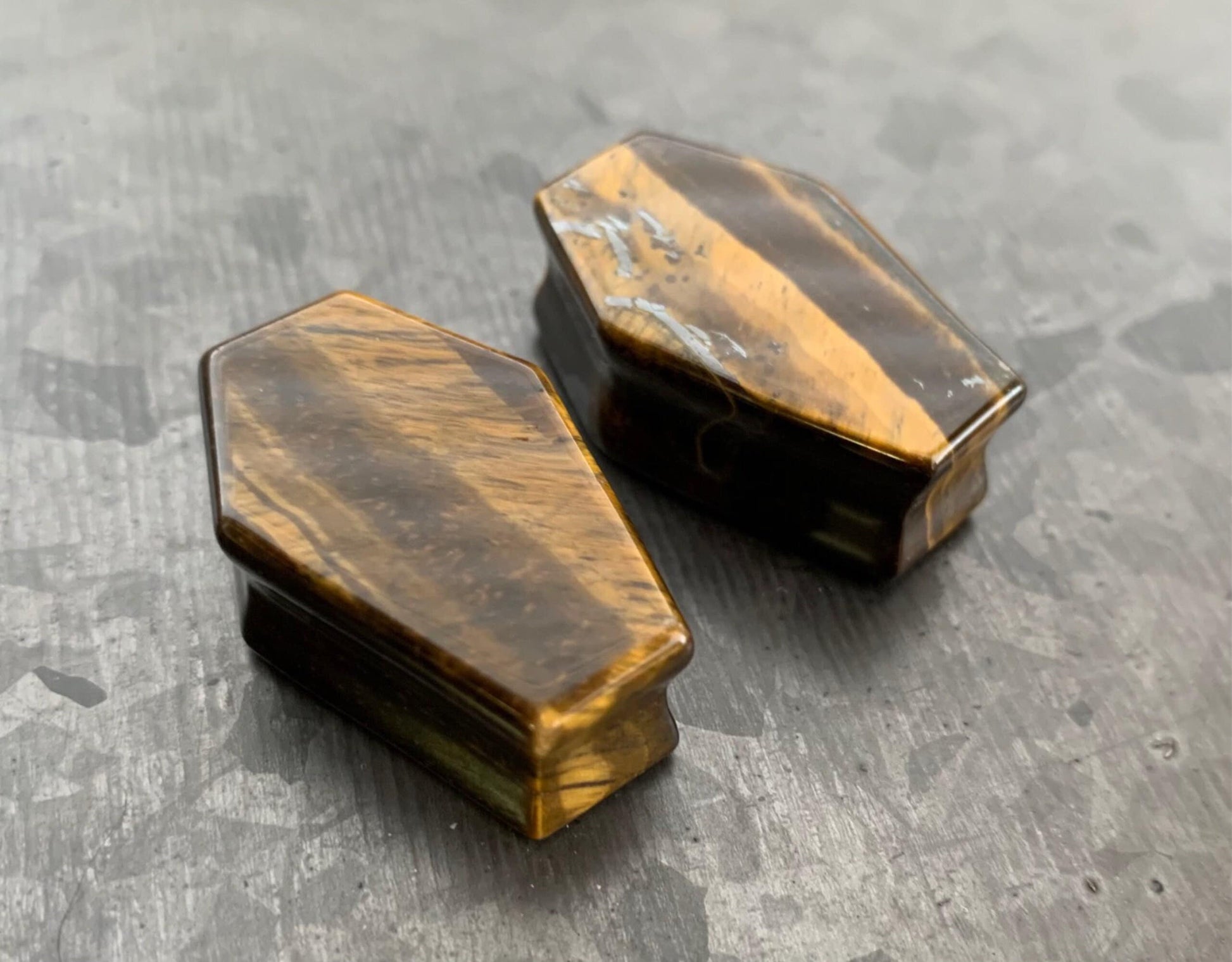 PAIR of Unique Coffin Shaped Organic Tiger Eye Double Flare Stone Plugs - Gauges 2g (6mm) to 1" (25mm) available!