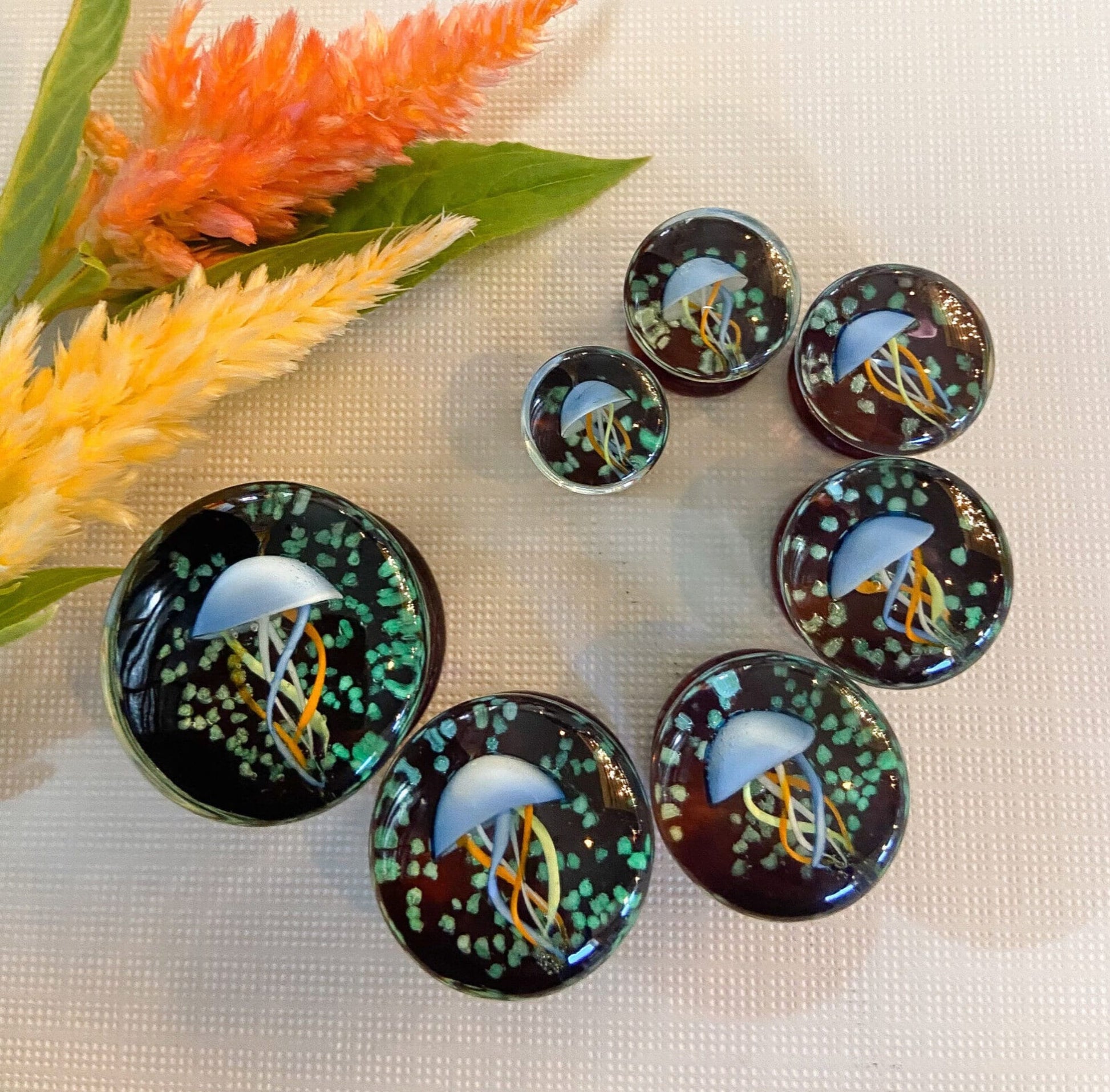 PAIR of Unique Glow in the Dark Floating Multi Color Jellyfish Glass Double Flare Plugs -Gauges 0g (8mm) through 3/4" (19mm) available!