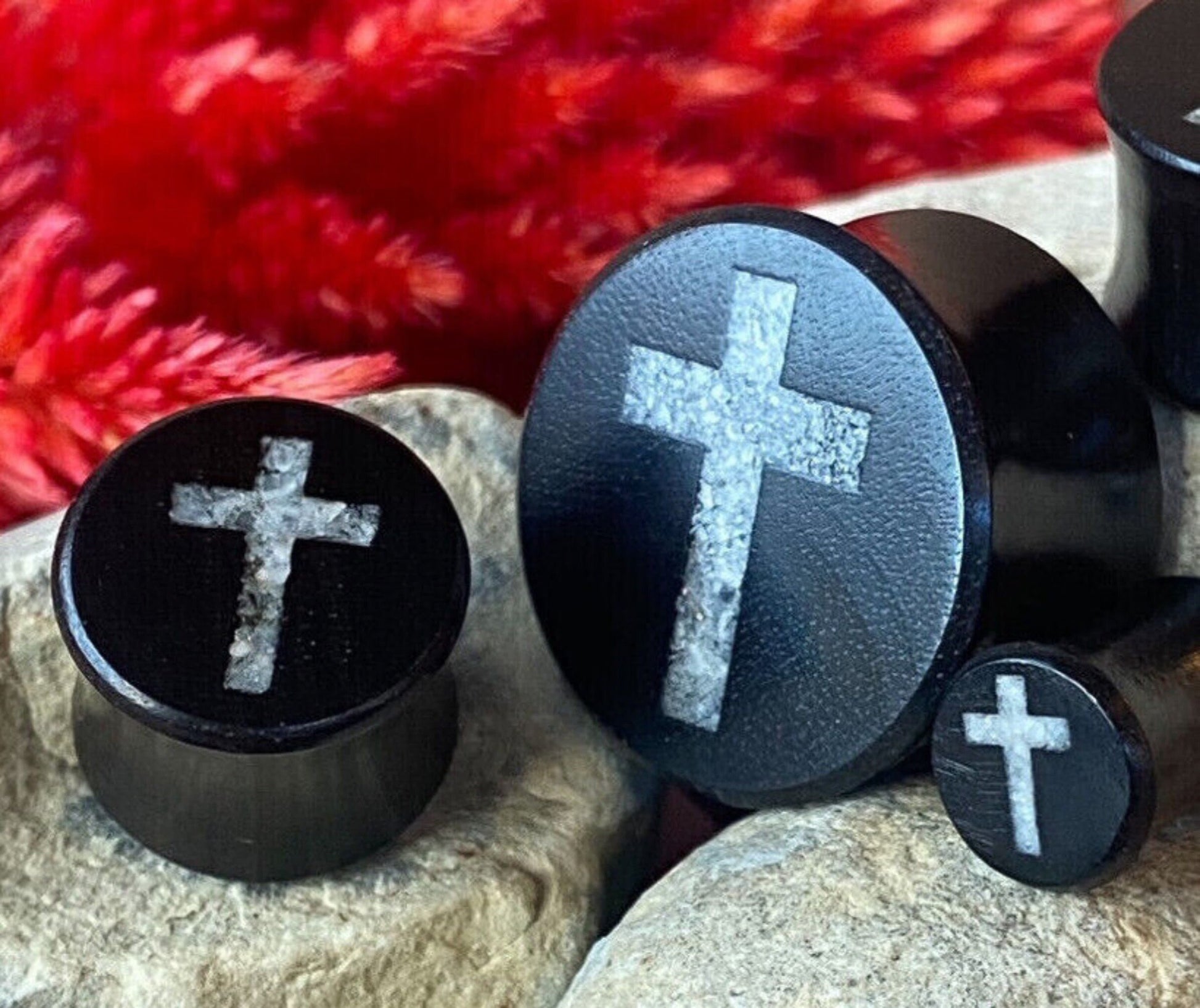 PAIR of Beautiful Crystal Quartz Cross Inlay Black Wood Saddle Plugs/Tunnels - Gauges 0g (8mm) thru 1" (25mm) available!