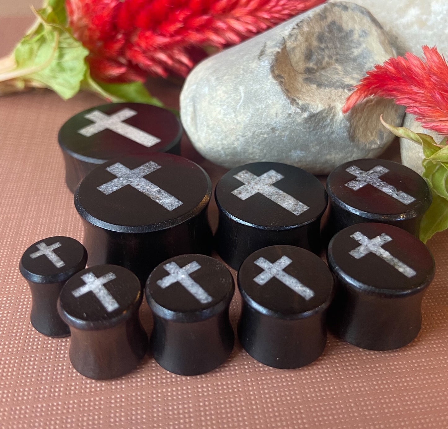 PAIR of Beautiful Crystal Quartz Cross Inlay Black Wood Saddle Plugs/Tunnels - Gauges 0g (8mm) thru 1" (25mm) available!