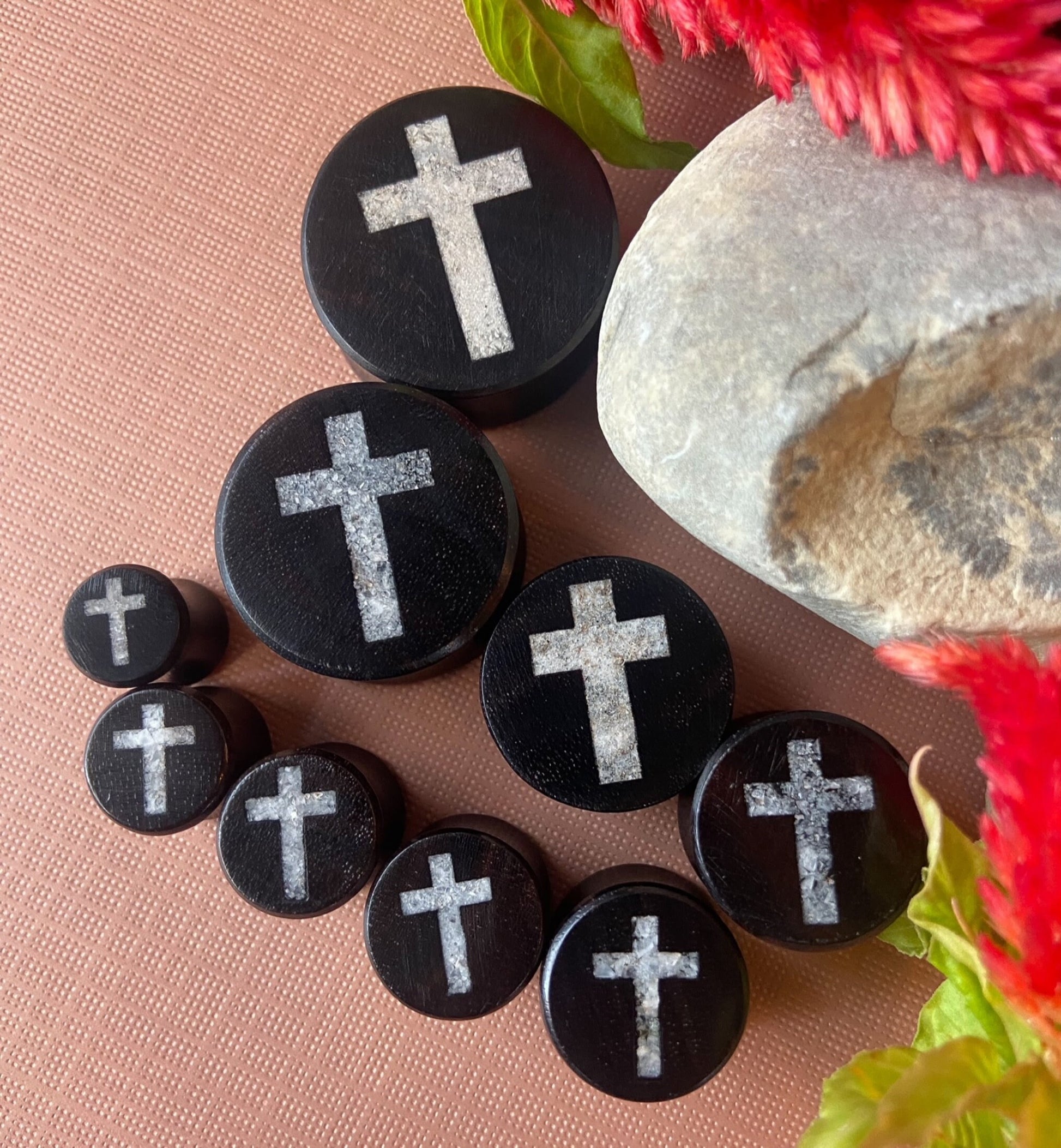 PAIR of Beautiful Crystal Quartz Cross Inlay Black Wood Saddle Plugs/Tunnels - Gauges 0g (8mm) thru 1" (25mm) available!