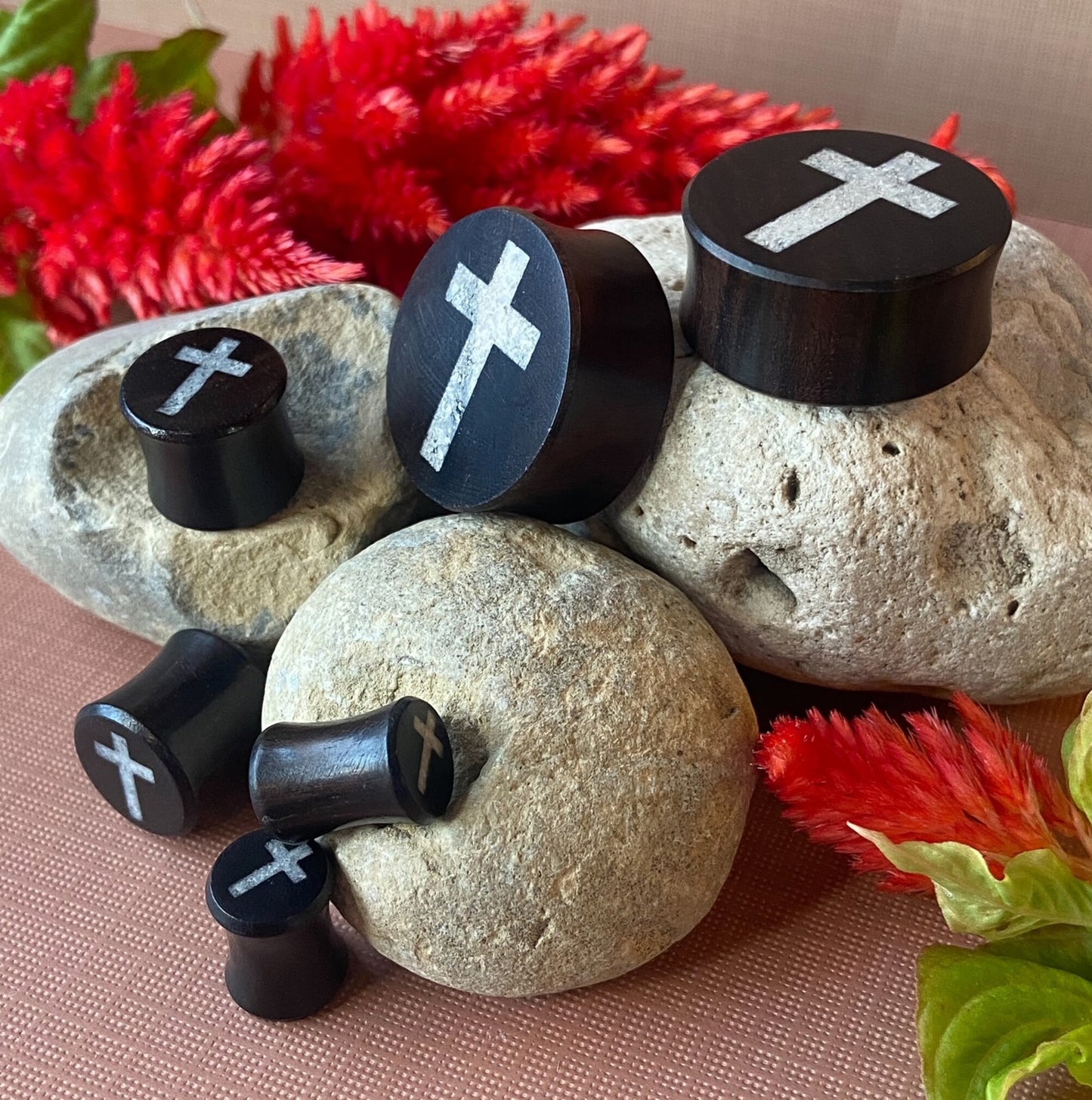 PAIR of Beautiful Crystal Quartz Cross Inlay Black Wood Saddle Plugs/Tunnels - Gauges 0g (8mm) thru 1" (25mm) available!