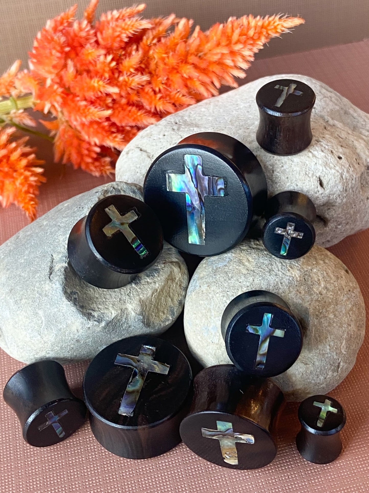 PAIR of Stunning Abalone Shell Cross Inlay Black Wood Saddle Plugs/Tunnels - Gauges 0g (8mm) thru 1" (25mm) available!