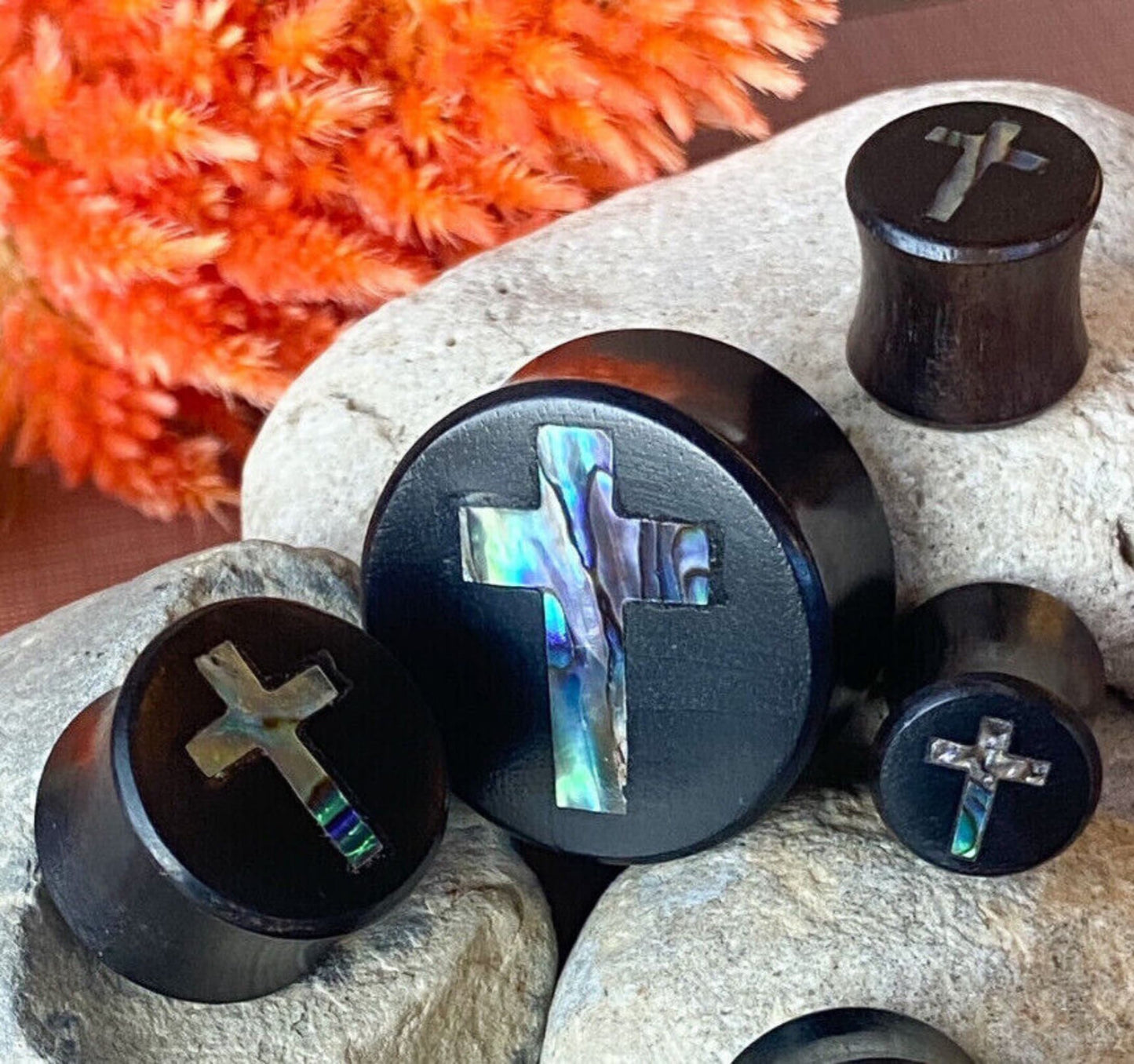 PAIR of Stunning Abalone Shell Cross Inlay Black Wood Saddle Plugs/Tunnels - Gauges 0g (8mm) thru 1" (25mm) available!