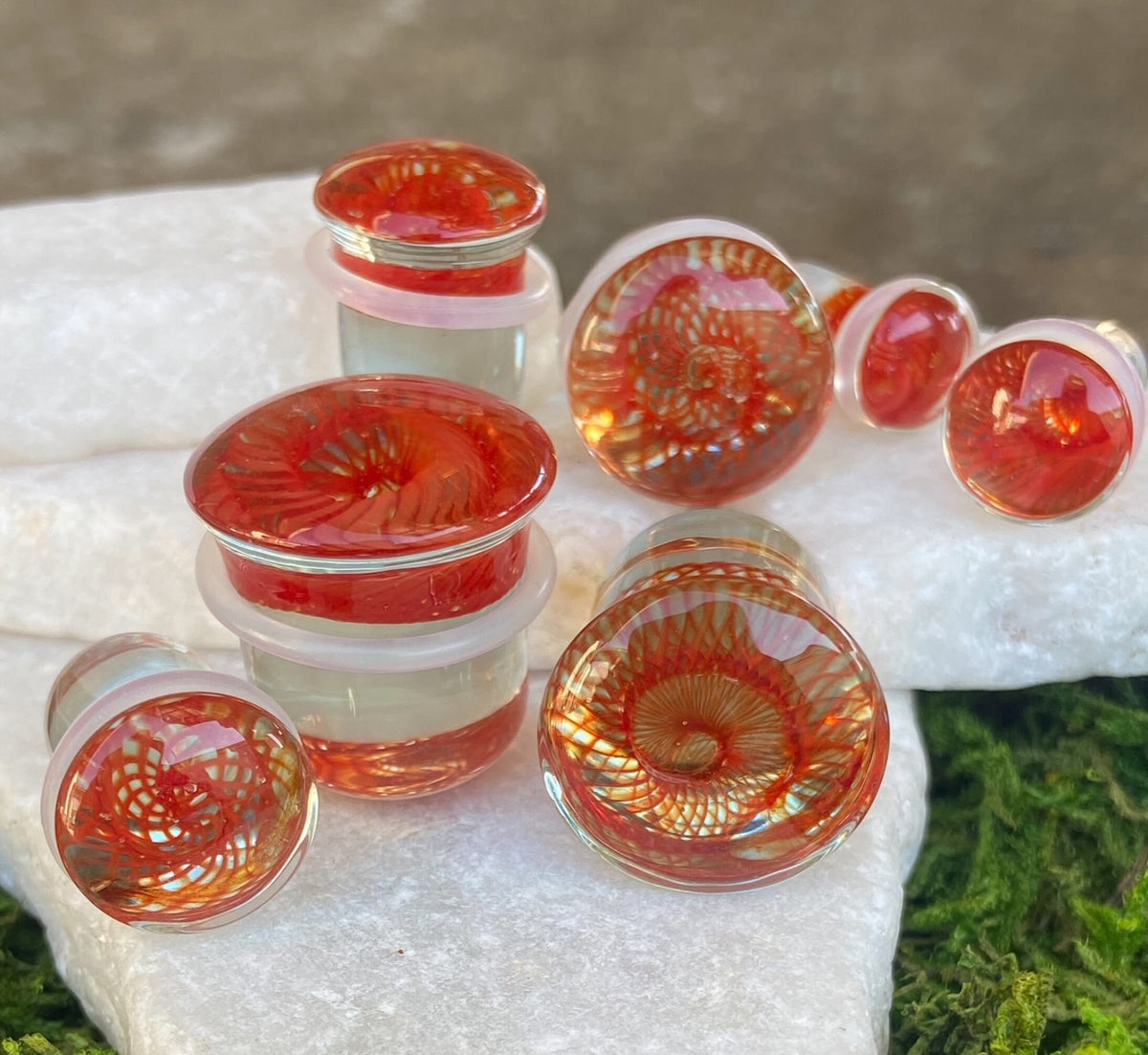 PAIR of Stunning Red Spiral Weave Design Pyrex Glass Single Flare Plugs with O-Rings - Gauges 2g (6mm) through 5/8" (16mm) available!
