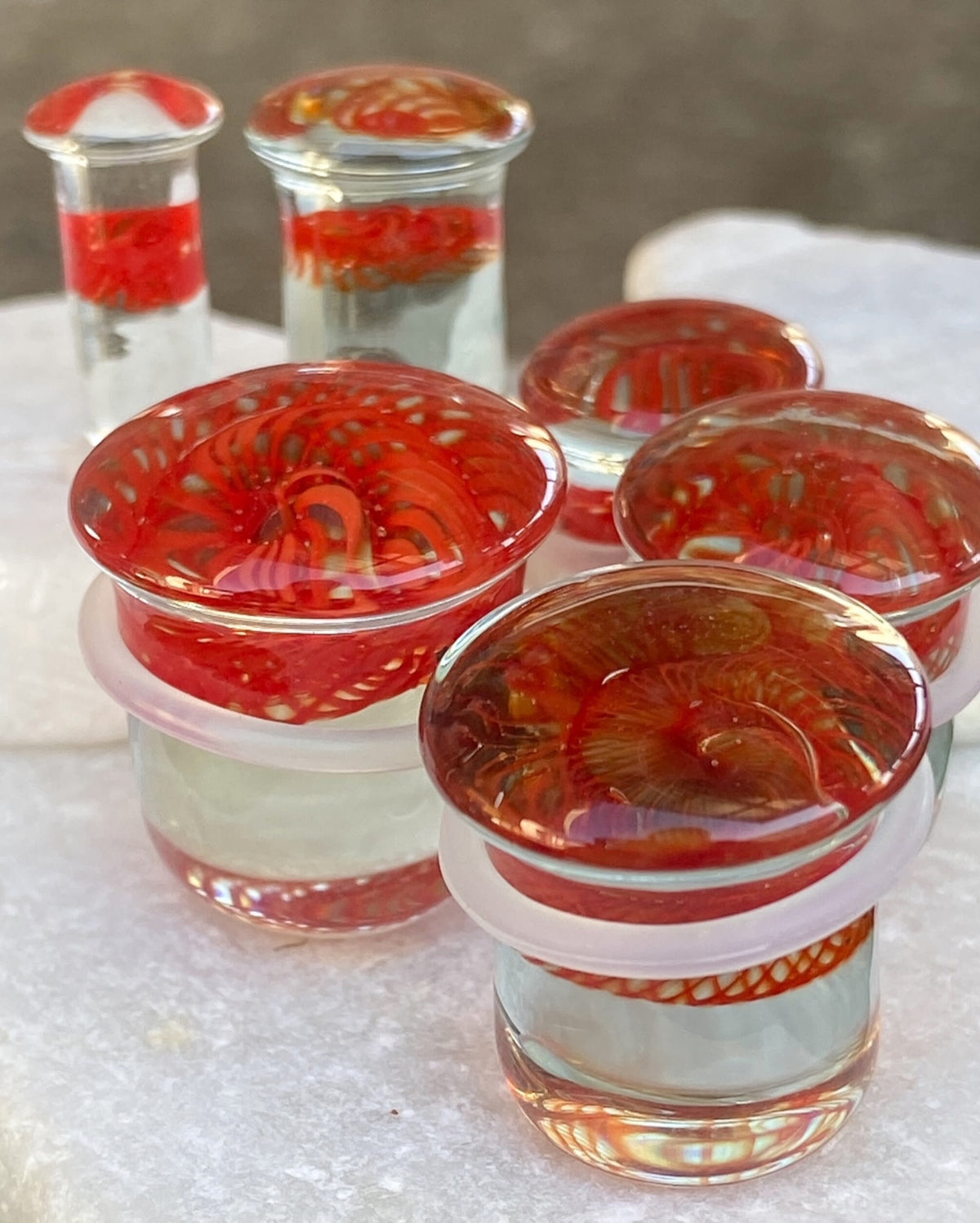 PAIR of Stunning Red Spiral Weave Design Pyrex Glass Single Flare Plugs with O-Rings - Gauges 2g (6mm) through 5/8" (16mm) available!