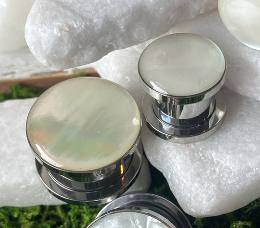 PAIR of Stunning Mother of Pearl Surgical Steel Screw Fit Tunnels/Plugs - Gauges 2g (6mm) thru 5/8" (16mm) available!