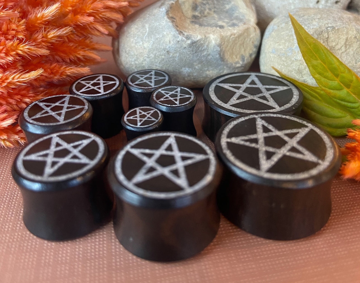 PAIR of Stunning Crystal Quartz Pentagram Inlay Black Wood Saddle Plugs/Tunnels - Gauges 0g (8mm) thru 1" (25mm) available!