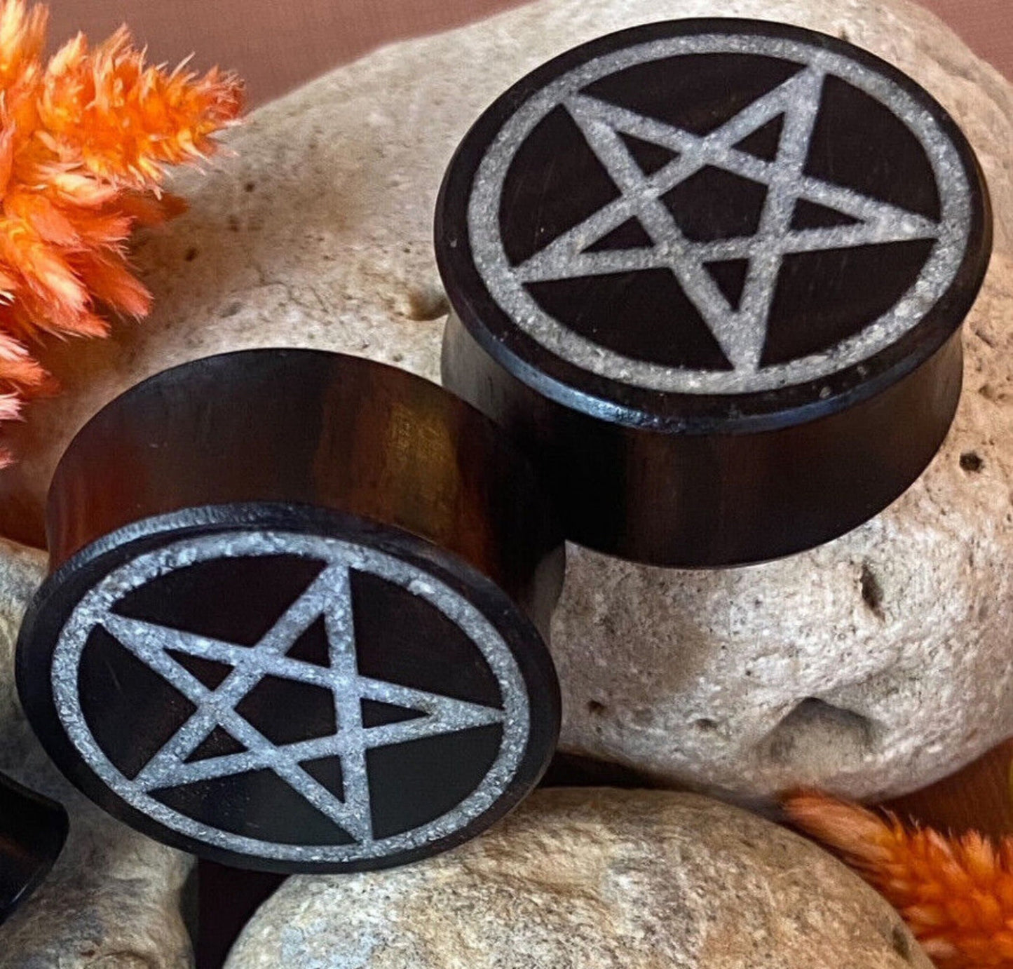 PAIR of Stunning Crystal Quartz Pentagram Inlay Black Wood Saddle Plugs/Tunnels - Gauges 0g (8mm) thru 1" (25mm) available!