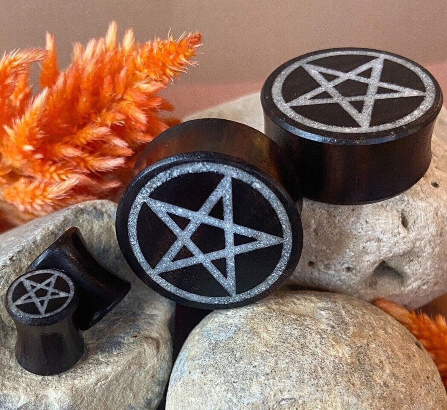 PAIR of Stunning Crystal Quartz Pentagram Inlay Black Wood Saddle Plugs/Tunnels - Gauges 0g (8mm) thru 1" (25mm) available!