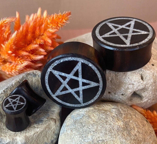 PAIR of Stunning Crystal Quartz Pentagram Inlay Black Wood Saddle Plugs/Tunnels - Gauges 0g (8mm) thru 1" (25mm) available!