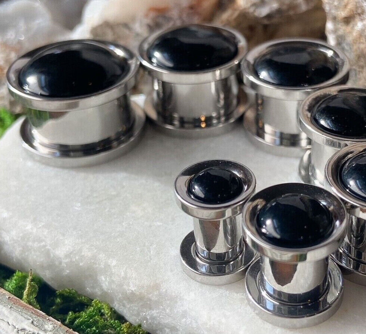 PAIR of Stunning Onyx Stone Dome Steel Screw Fit Tunnels/Plugs - Gauges 2g (6mm) thru 5/8" (16mm) available!