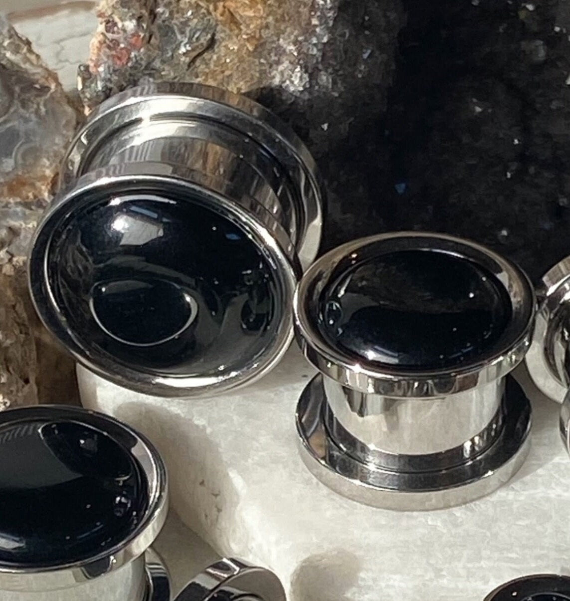 PAIR of Stunning Onyx Stone Dome Steel Screw Fit Tunnels/Plugs - Gauges 2g (6mm) thru 5/8" (16mm) available!