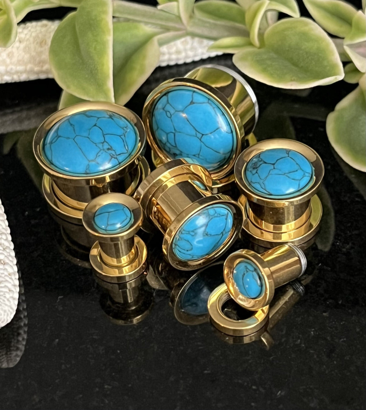PAIR of Stunning Turquoise Stone Dome Gold Steel Screw Fit Tunnels/Plugs - Gauges 2g (6mm) thru 5/8" (16mm) available!
