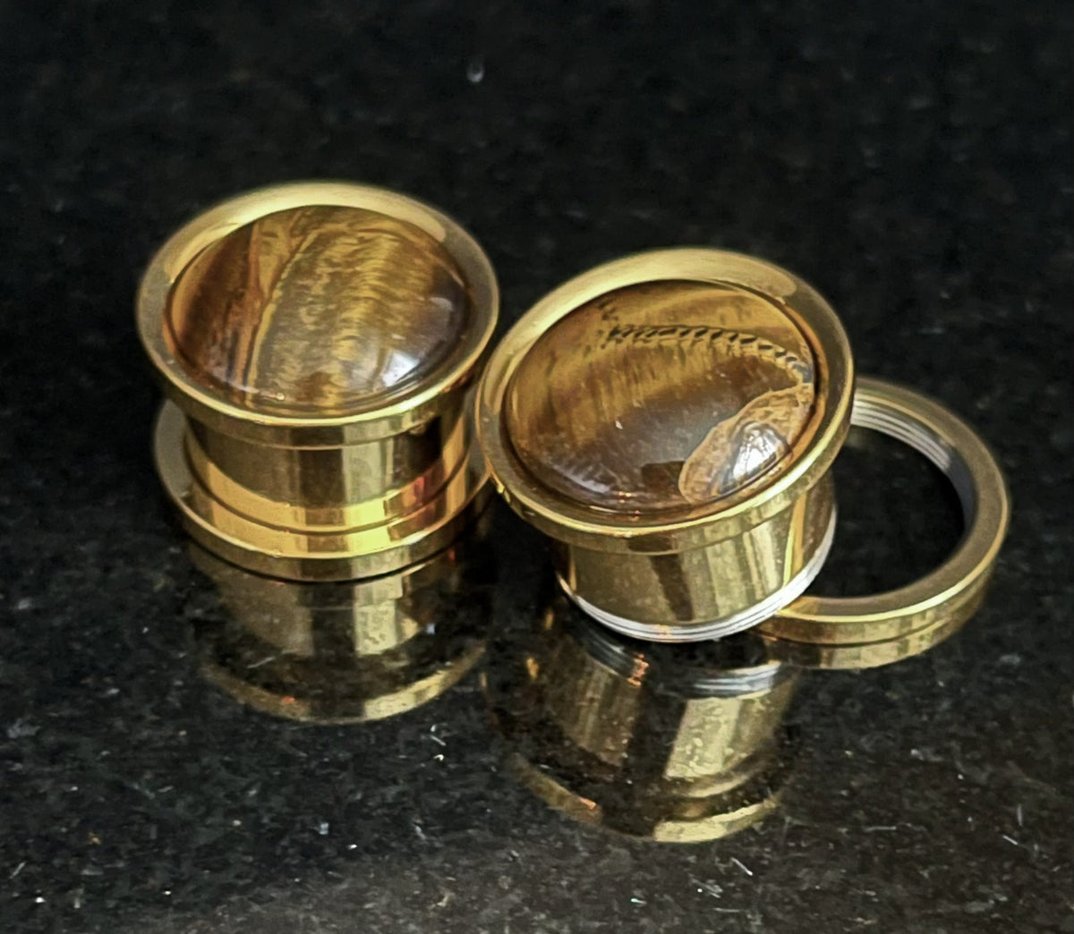 PAIR of Beautiful Tiger Eye Stone Dome Gold Steel Screw Fit Tunnels/Plugs - Gauges 2g (6mm) thru 5/8" (16mm) available!