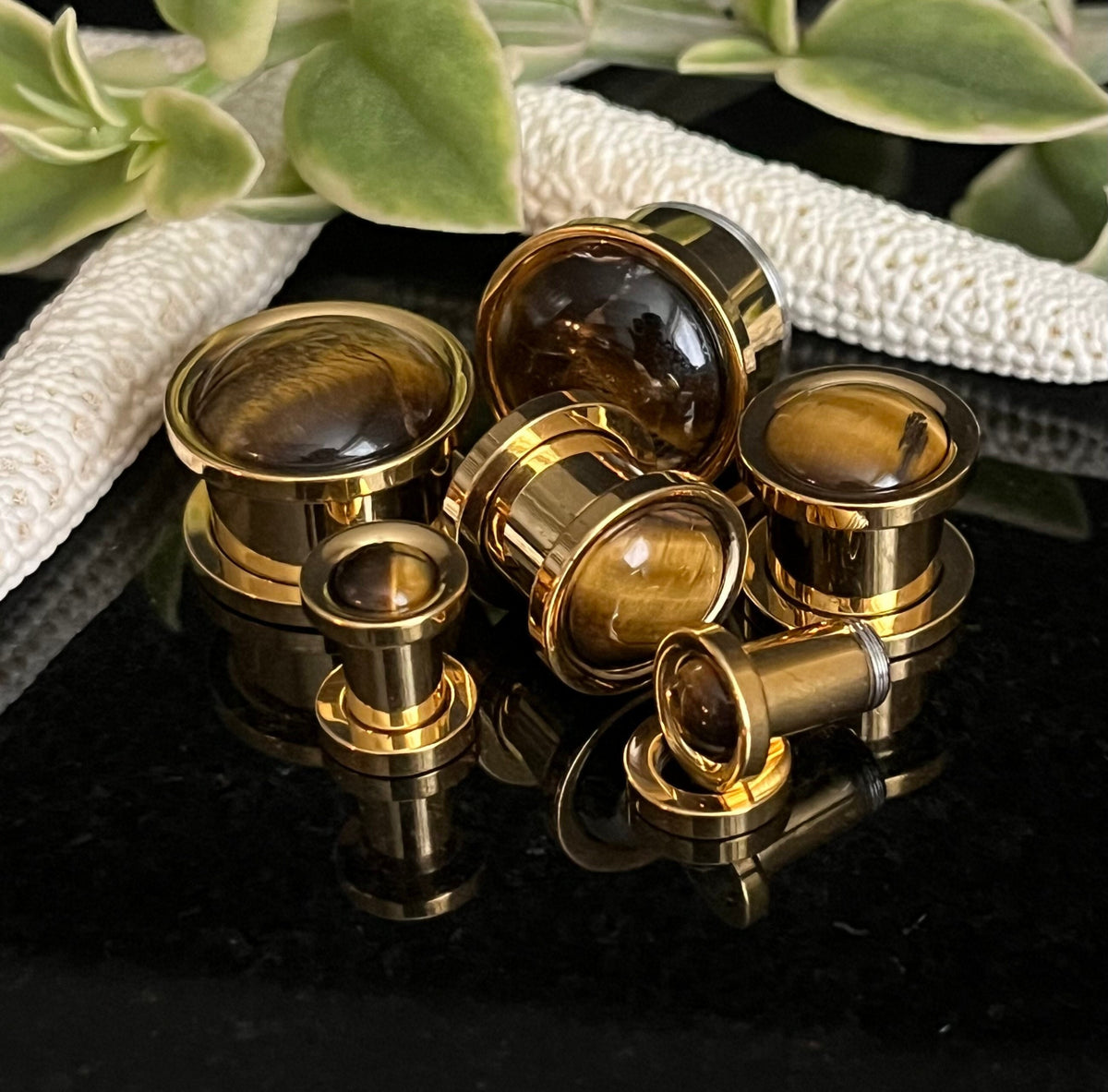 PAIR of Beautiful Tiger Eye Stone Dome Gold Steel Screw Fit Tunnels/Plugs - Gauges 2g (6mm) thru 5/8" (16mm) available!
