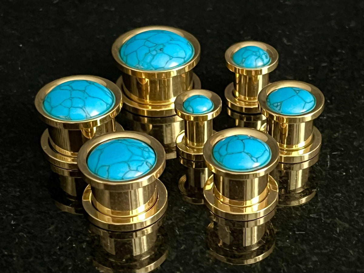 PAIR of Stunning Turquoise Stone Dome Gold Steel Screw Fit Tunnels/Plugs - Gauges 2g (6mm) thru 5/8" (16mm) available!